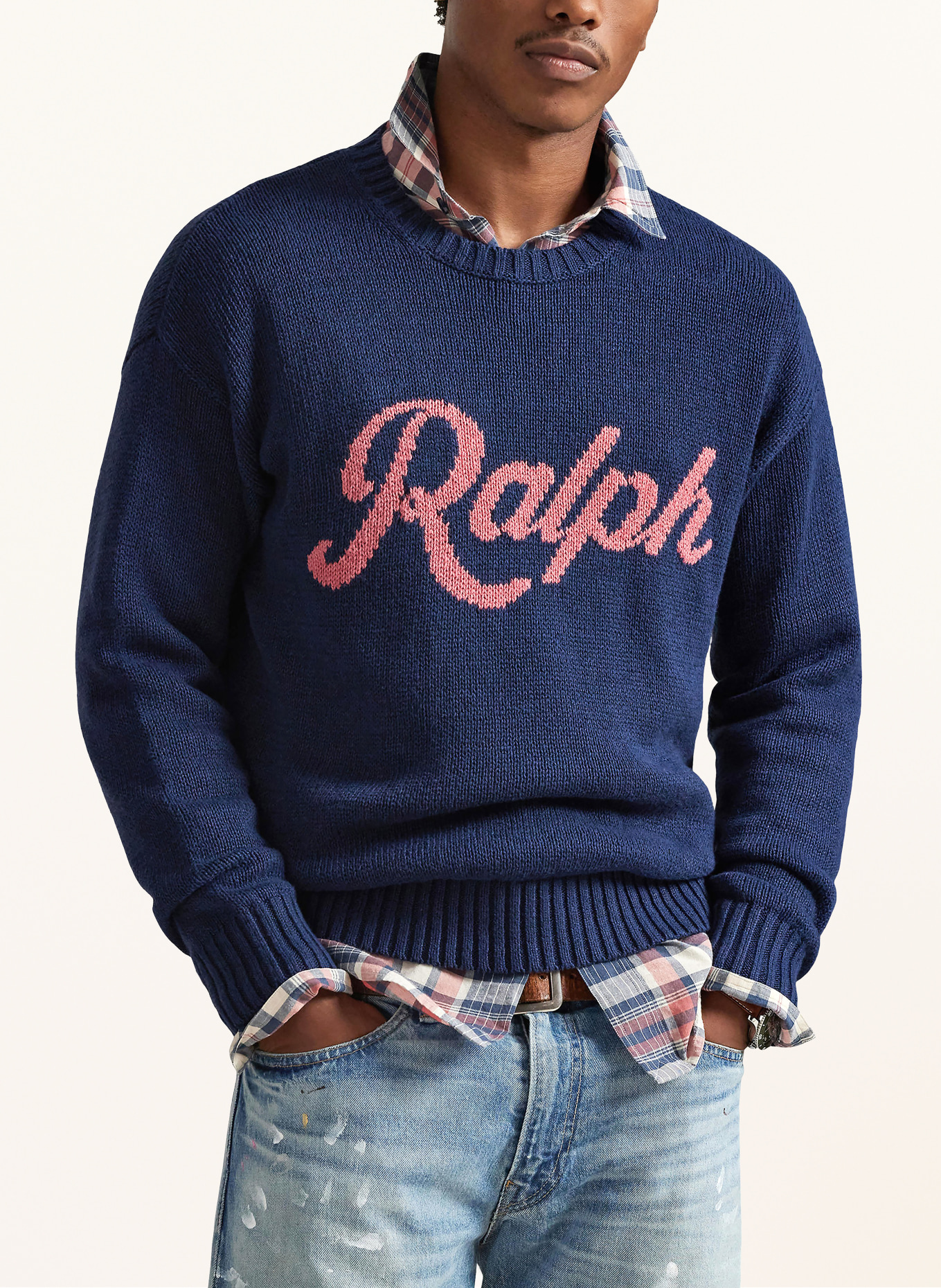 POLO RALPH LAUREN Pullover mit Leinen: DUNKELBLAU / HELLROT