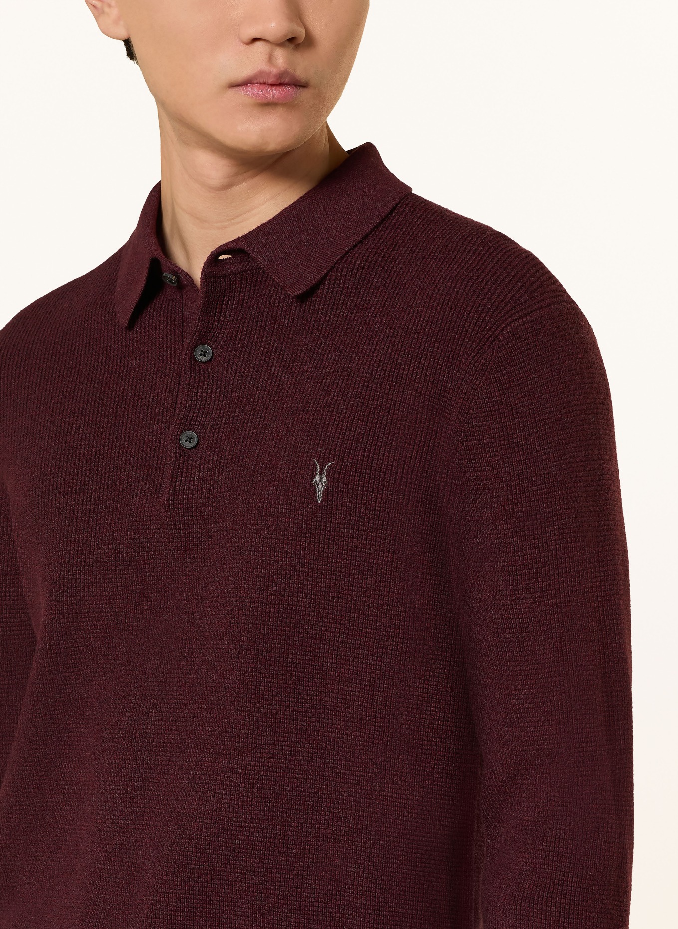 ALLSAINTS Pletené polo tričko ASPEN: TMAVĚ ČERVENÁ