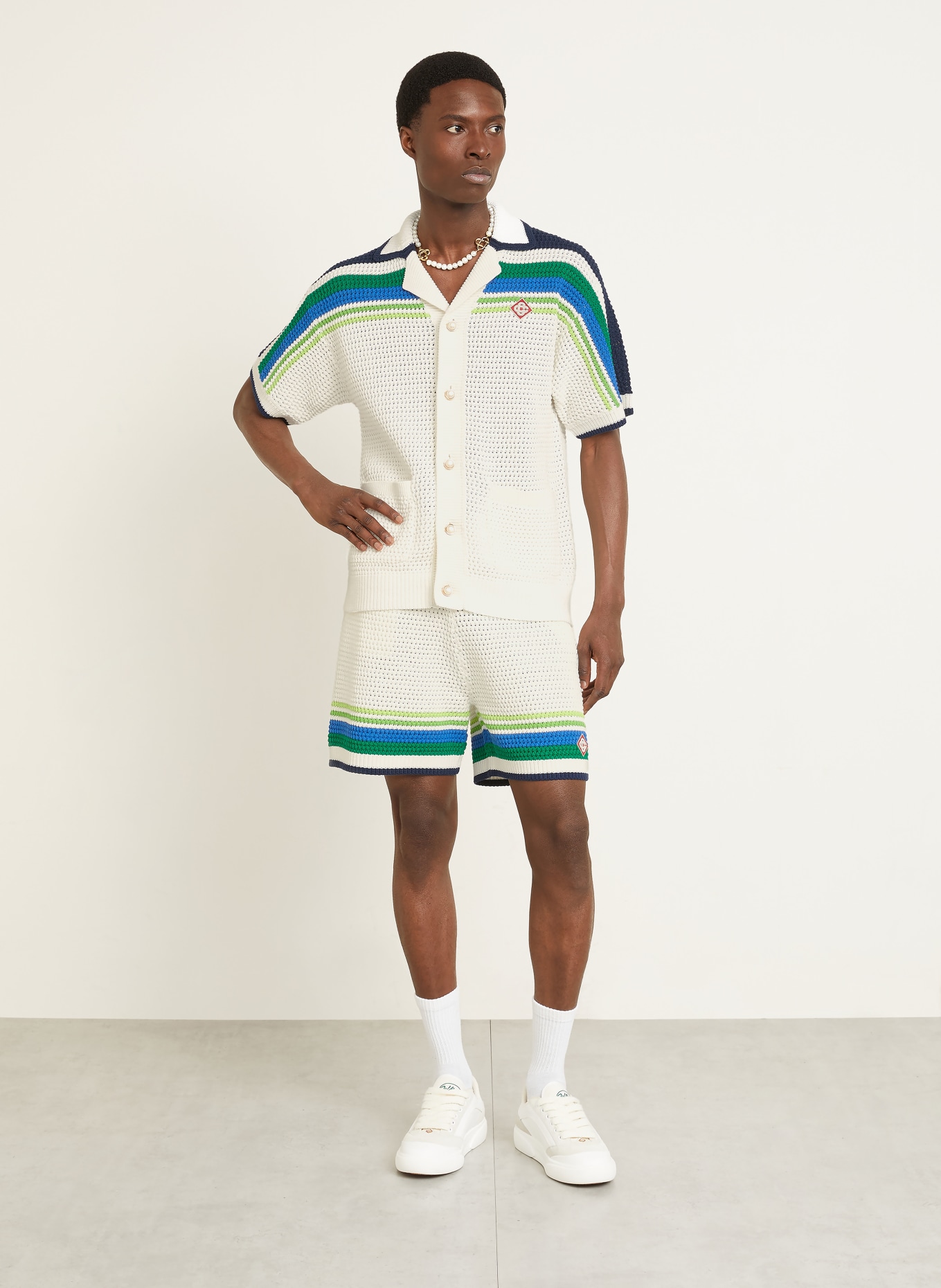 Casablanca Strick-Resorthemd Regular Fit: WEISS / GRÜN / BLAU