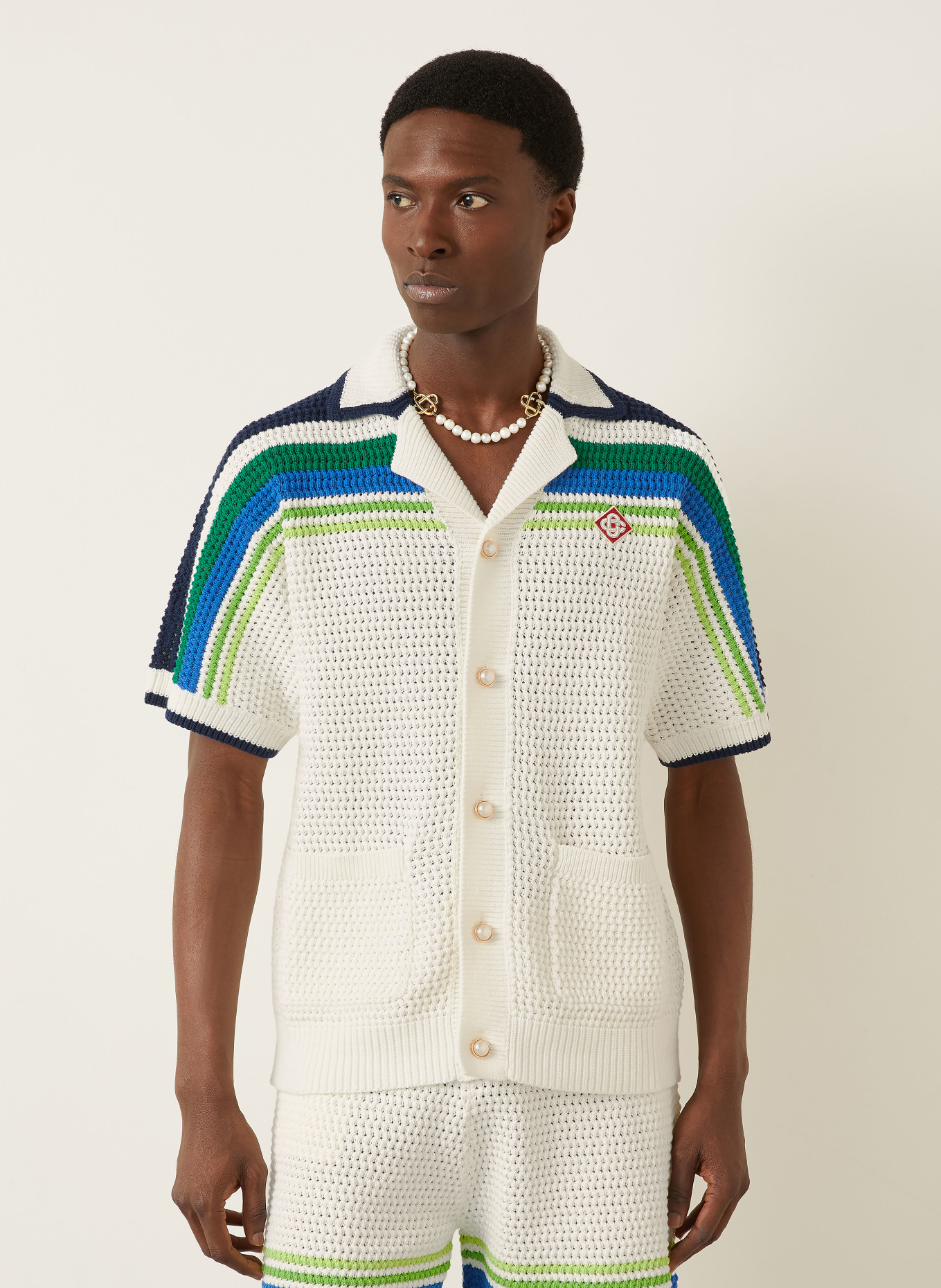 Casablanca Strick-Resorthemd Regular Fit: WEISS / GRÜN / BLAU