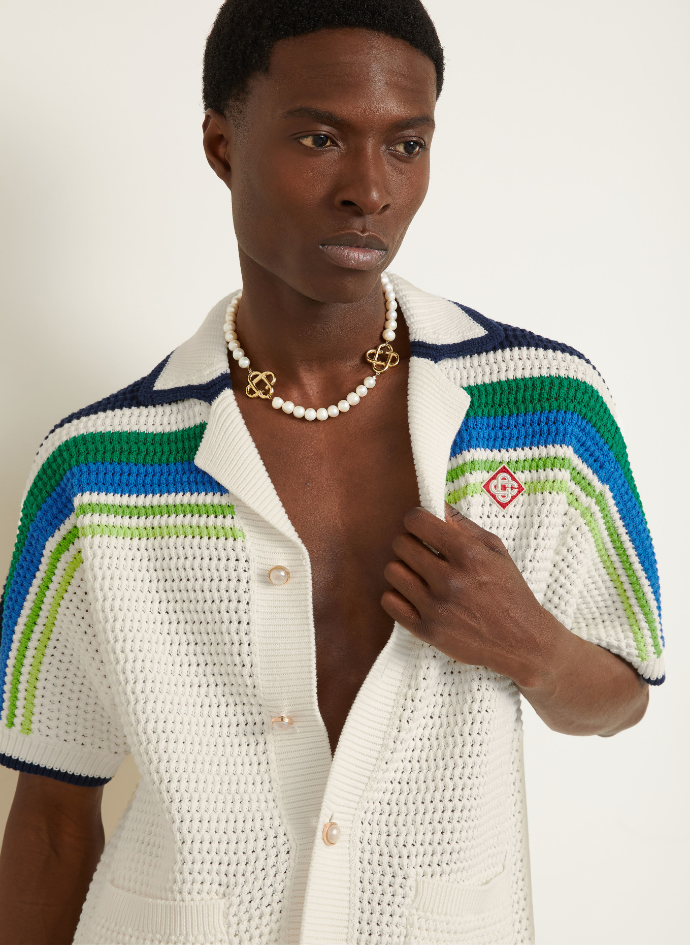 Casablanca Strick-Resorthemd Regular Fit: WEISS / GRÜN / BLAU