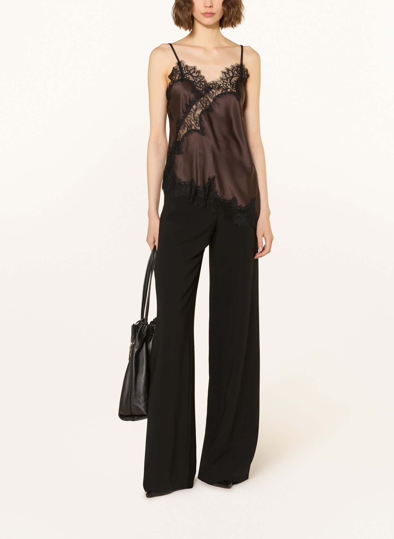 MRS & HUGS Saténové tričko s krajkou: TMAVĚ HNĚDÁ / ČERNÁ