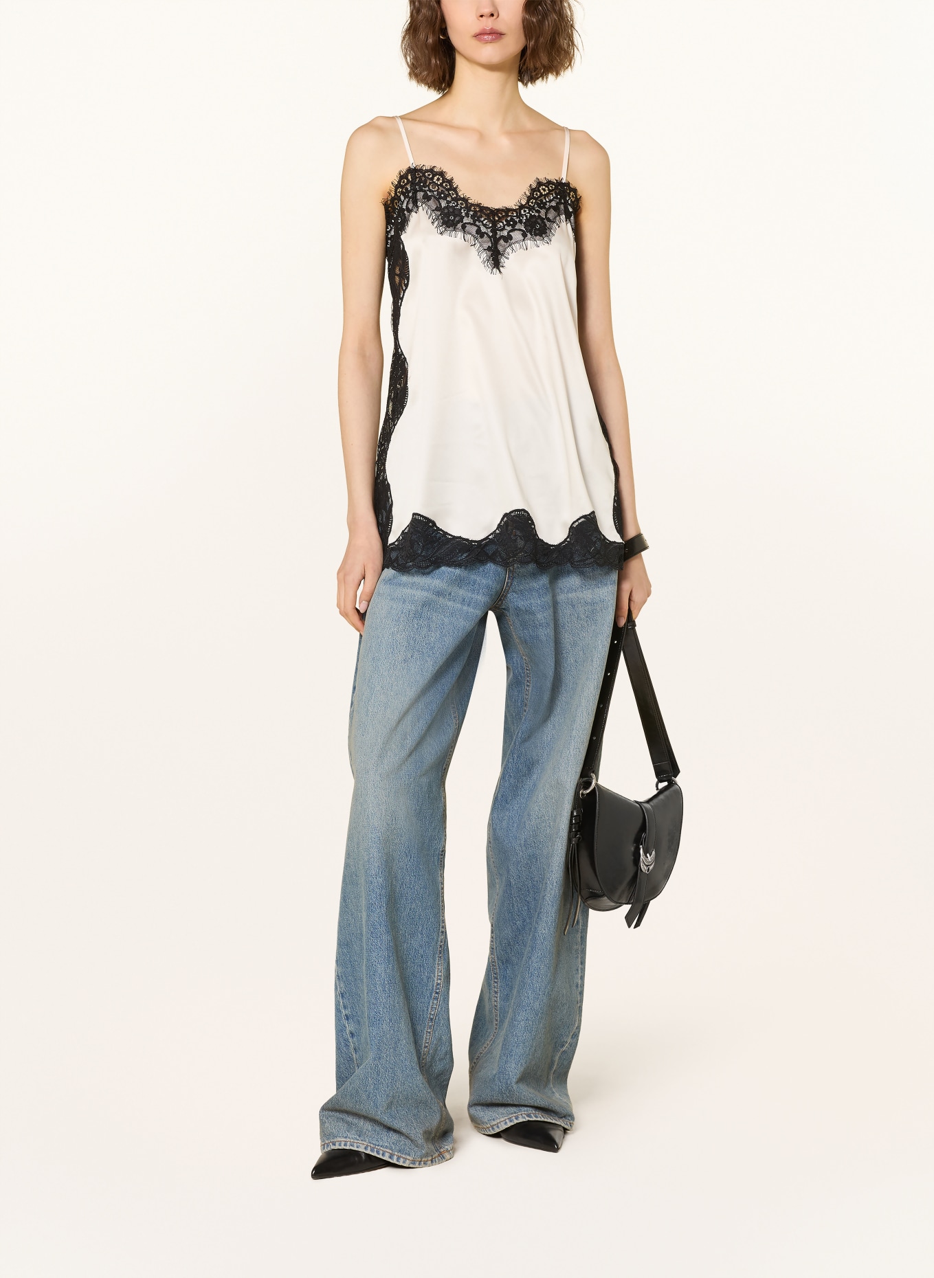 MRS & HUGS Saténové tričko s krajkou: KRÉMOVÁ / ČERNÁ