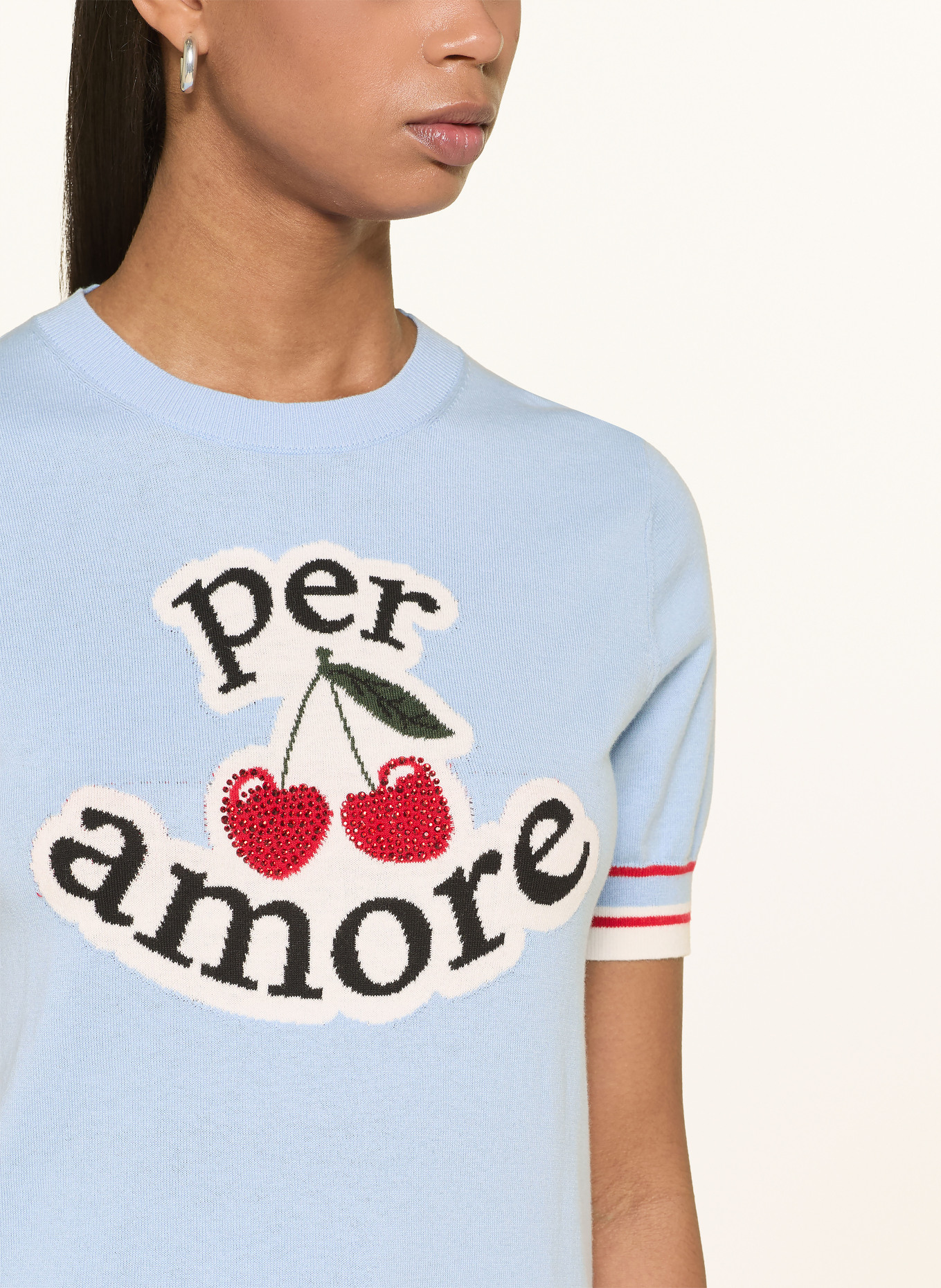 Princess GOES HOLLYWOOD Strickshirt mit Schmucksteinen: HELLBLAU / ECRU / ROT