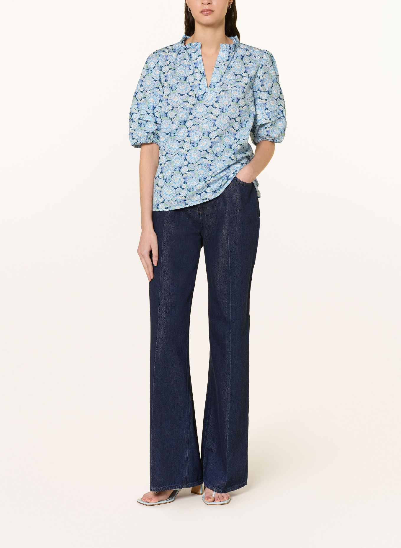 Rich & Royal Blusenshirt mit 3/4-Arm und Rüschen: HELLBLAU / DUNKELBLAU / WEISS