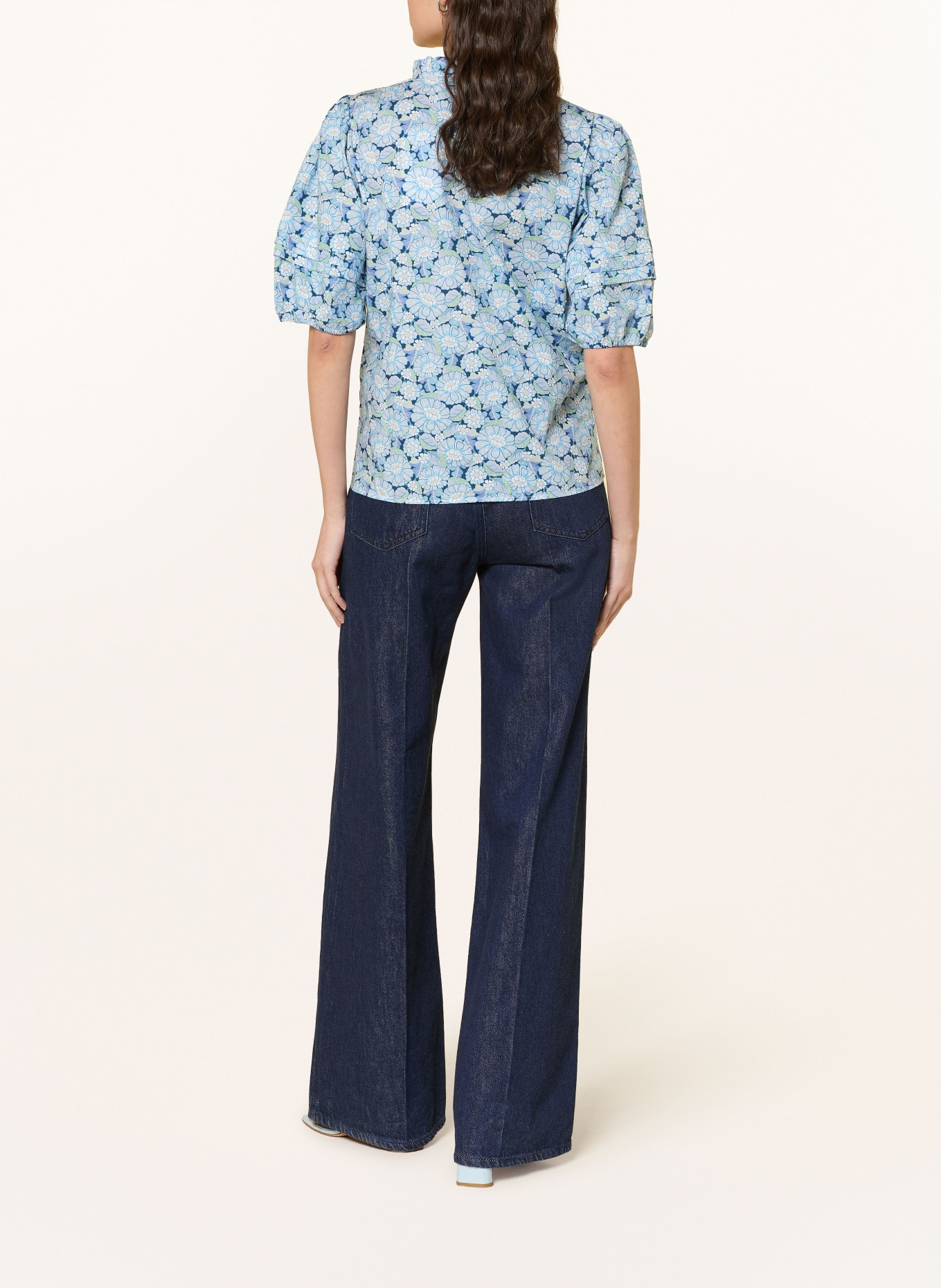 Rich & Royal Blusenshirt mit 3/4-Arm und Rüschen: HELLBLAU / DUNKELBLAU / WEISS