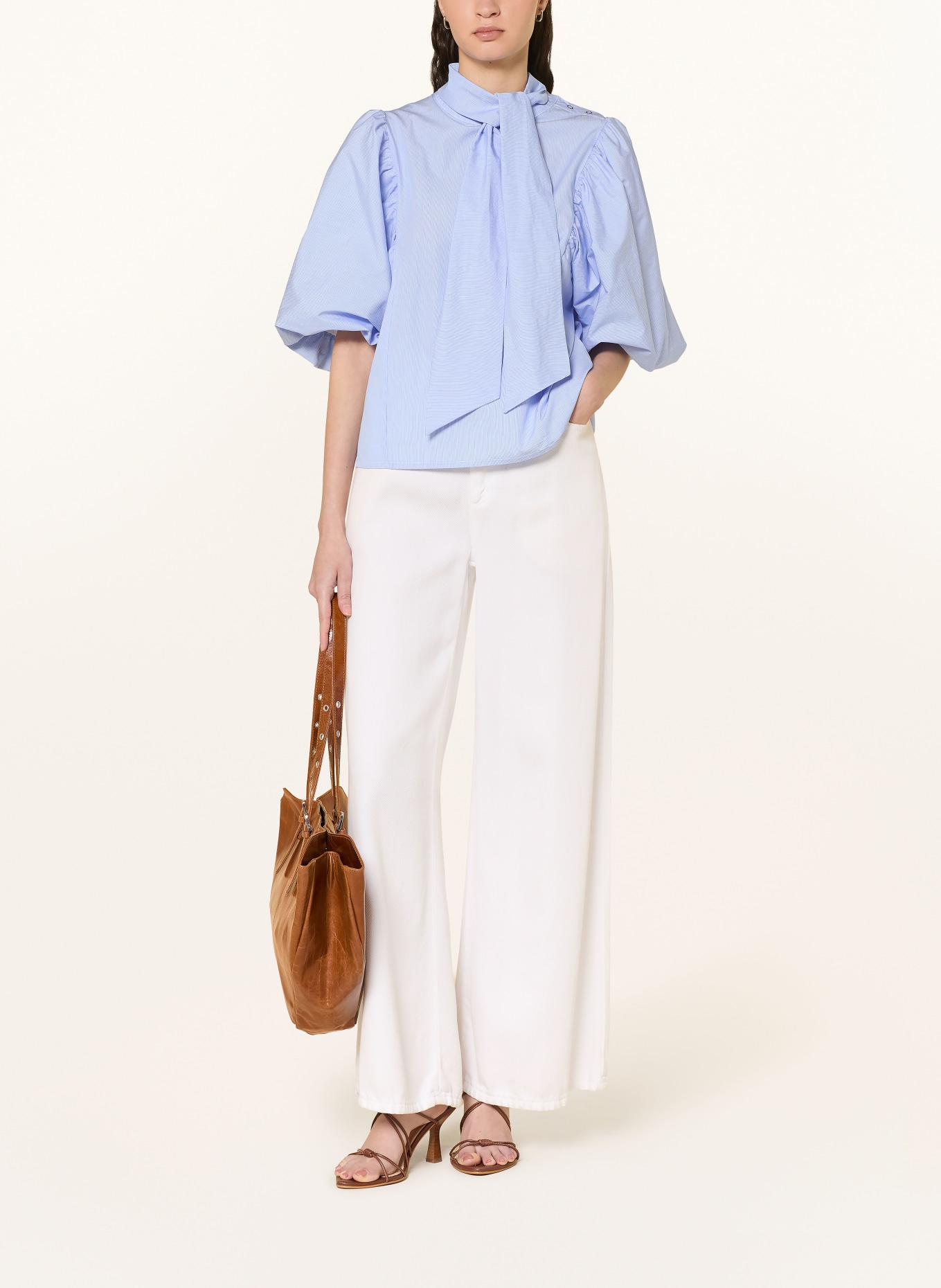 Rich & Royal Blouse met 3/4-mouwen en afneembare strik: LICHTBLAUW / WIT