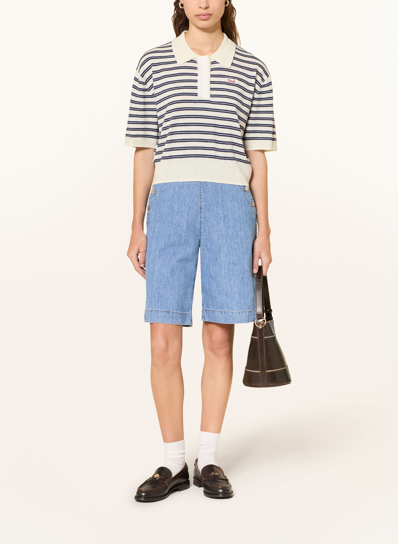 CLAUDIE PIERLOT Dzianinowa koszulka polo z falbanami: KREMOWY / GRANATOWY