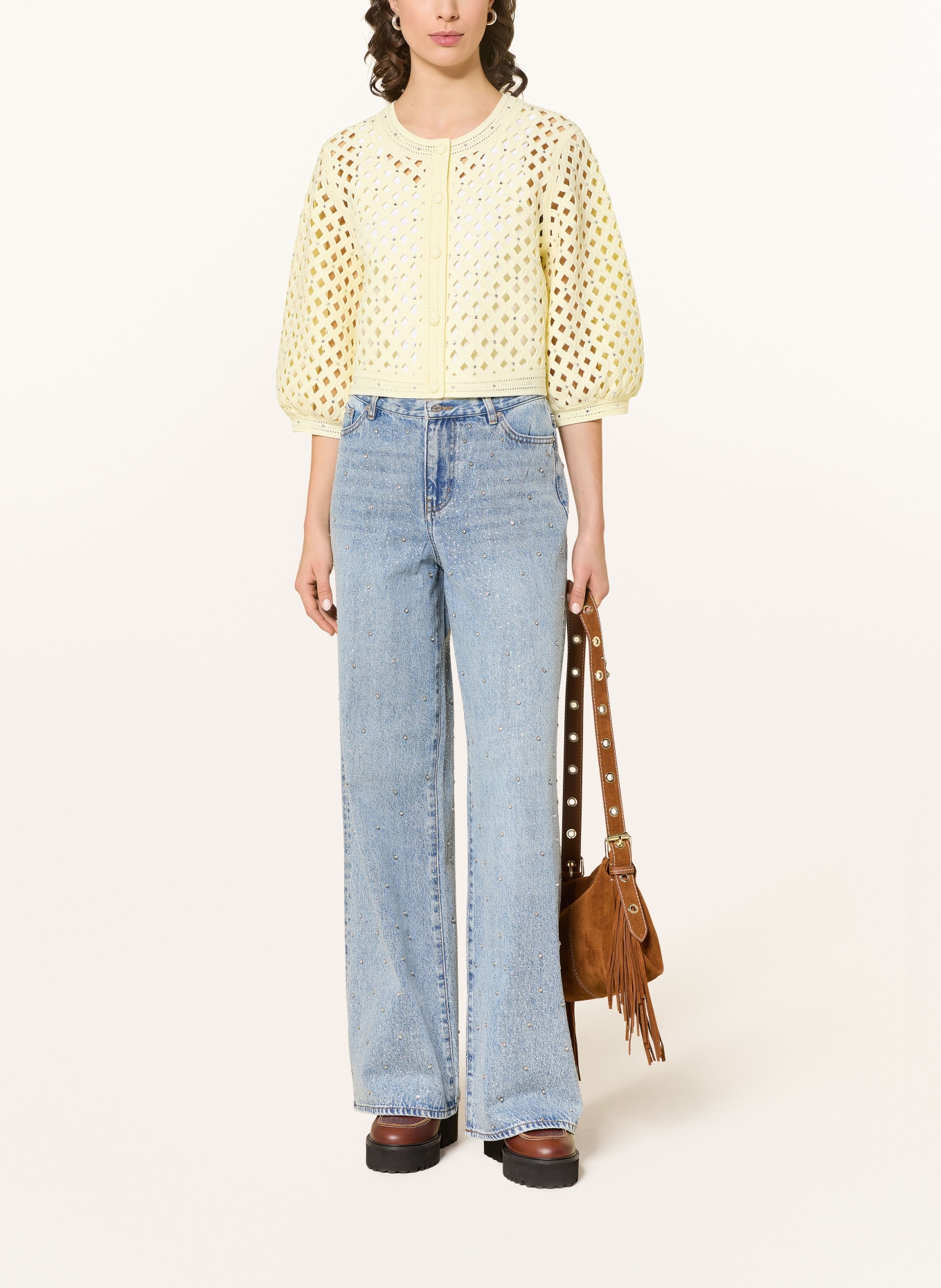 maje Strickjacke mit Schmucksteinen und 3/4-Arm: HELLGELB