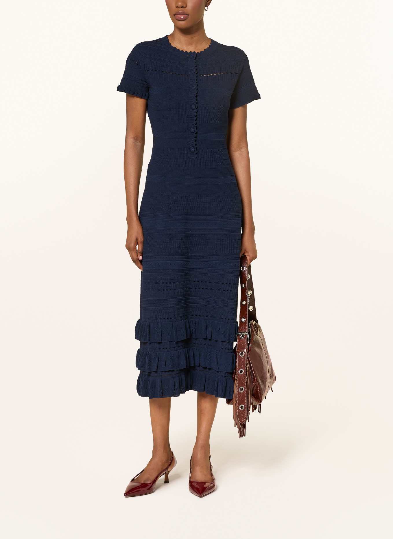 maje Strickkleid mit Volants: DUNKELBLAU