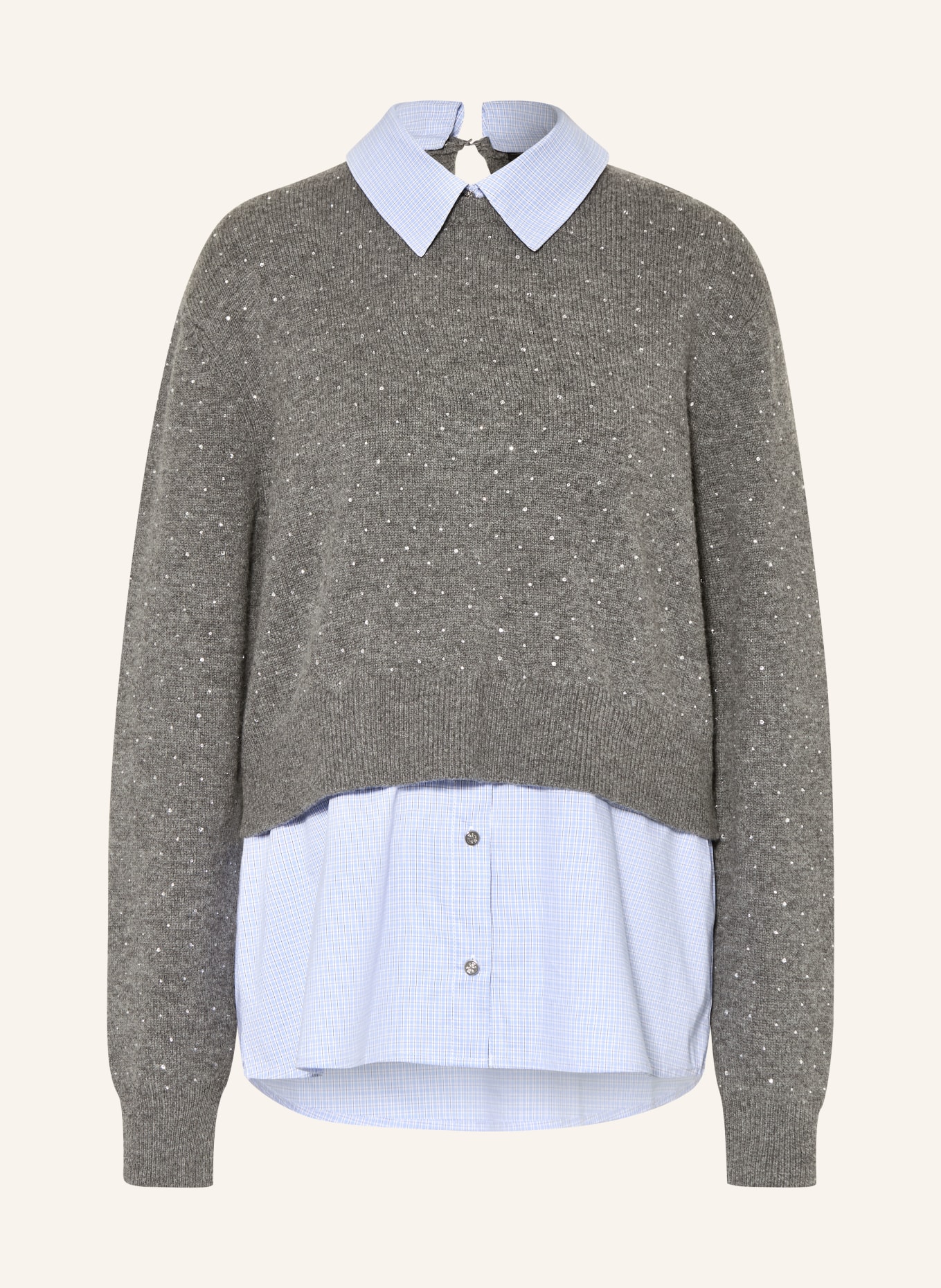 maje Pullover im Materialmix mit Schmucksteinen: DUNKELGRAU / HELLBLAU / WEISS