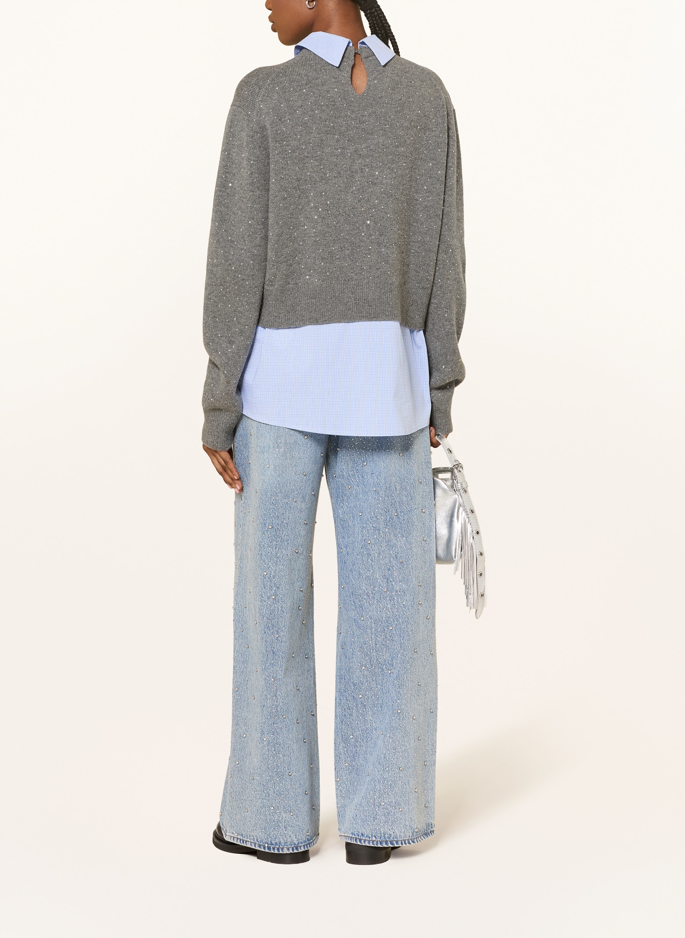 maje Pullover im Materialmix mit Schmucksteinen: DUNKELGRAU / HELLBLAU / WEISS