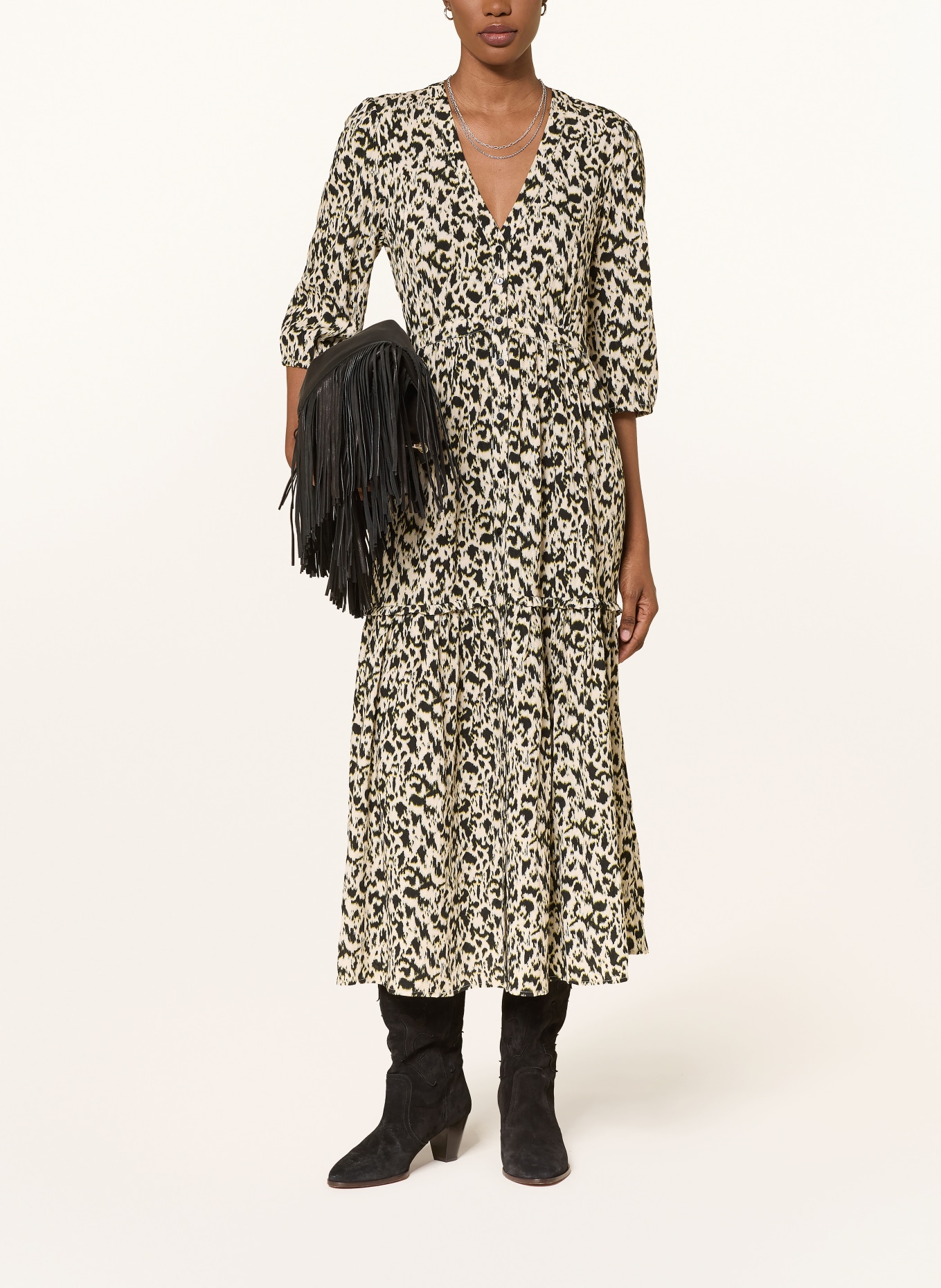 ba&sh Kleid PALMA mit 3/4-Arm: ECRU / GELB / SCHWARZ