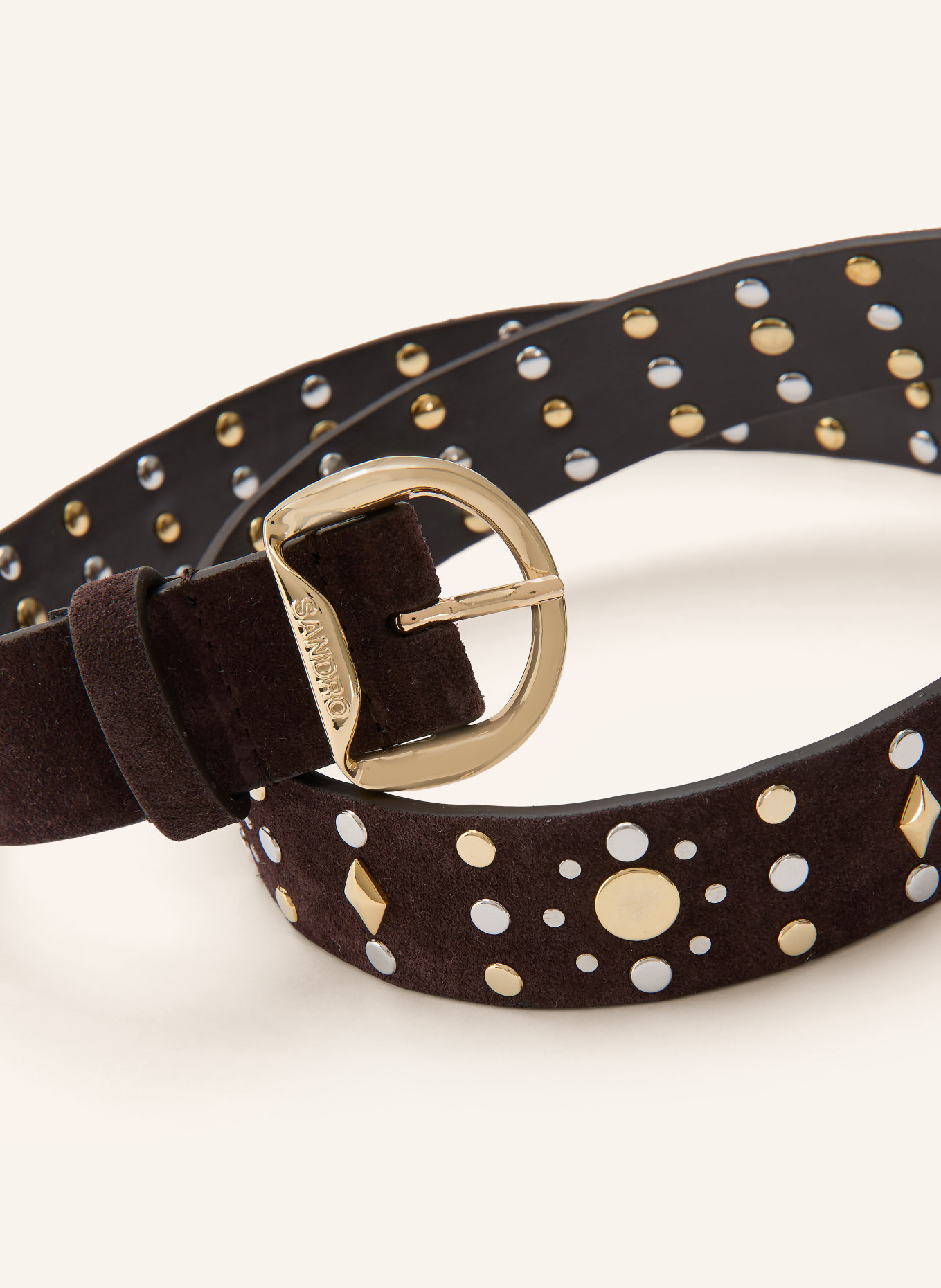 SANDRO Skórzany pasek z ćwiekami: CIEMNOBRĄZOWY / SREBRNY / ZŁOTY