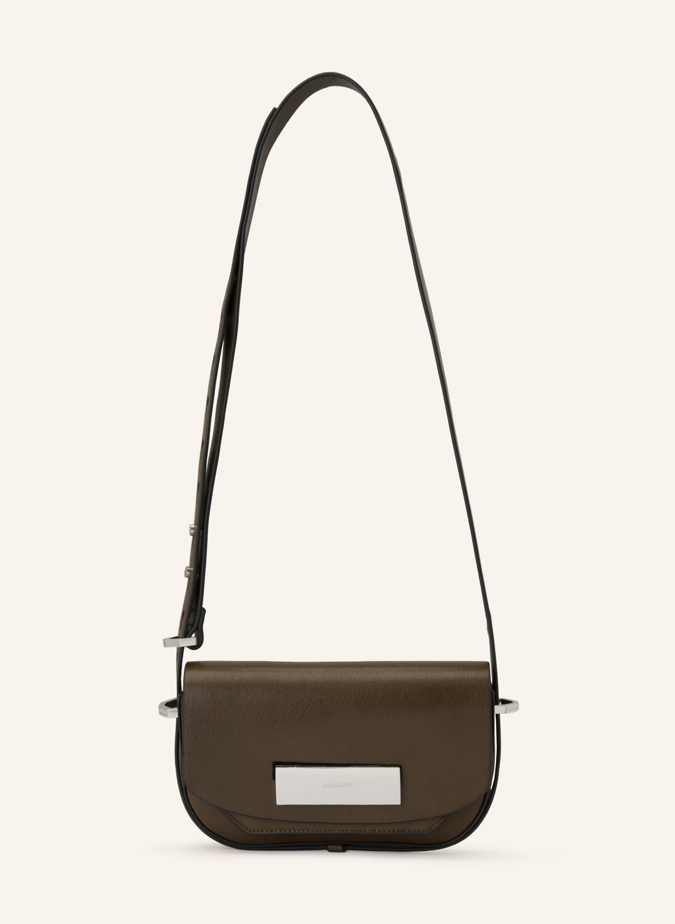 ALLSAINTS Taška přes rameno ETTA: TMAVĚ HNĚDÁ / PLATINOVÁ