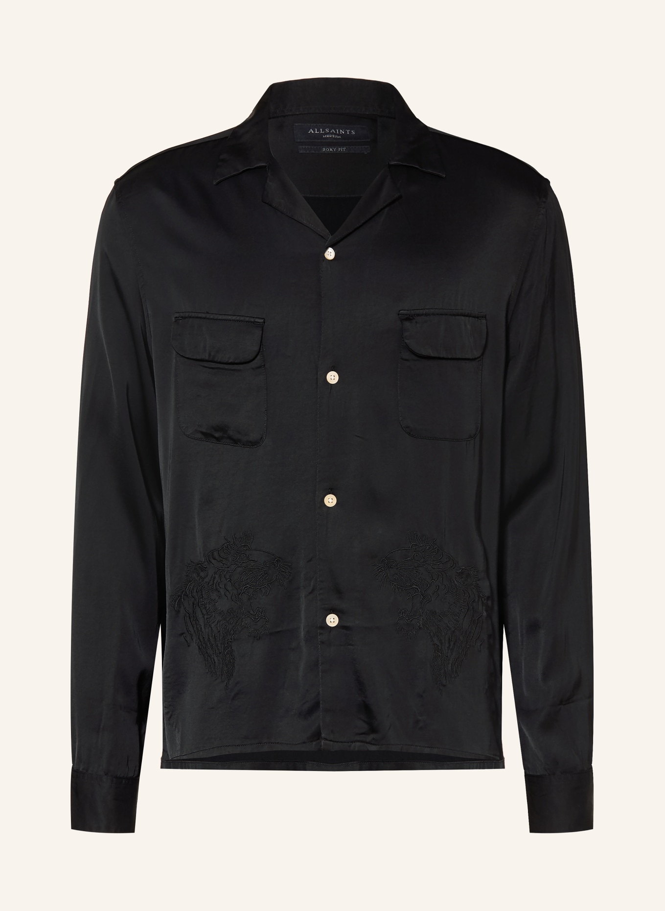 ALLSAINTS Saténová košile YODO Boxy Fit: ČERNÁ