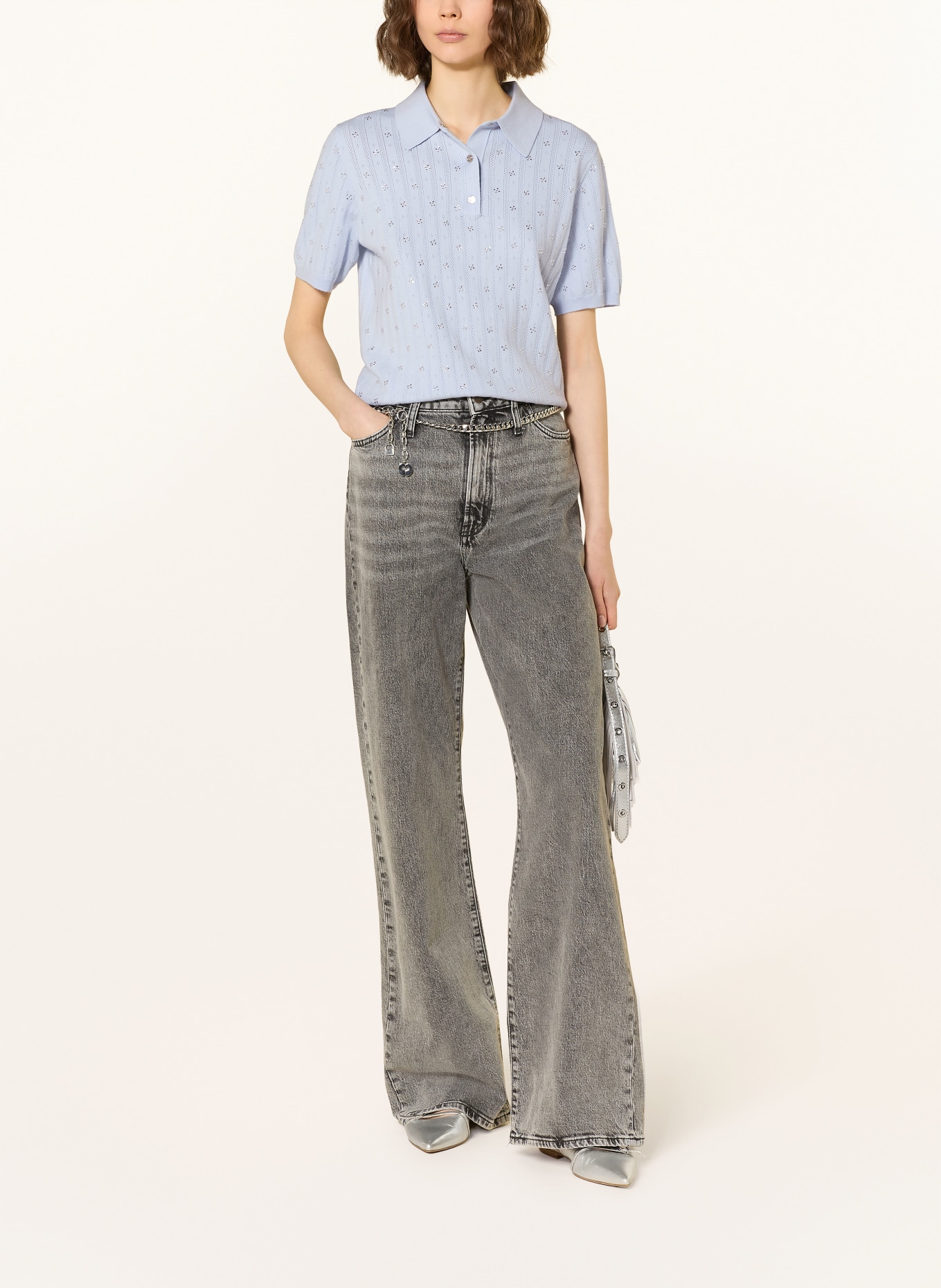 maje Dzianinowa koszulka polo z kamieniami ozdobnymi: JASNONIEBIESKI