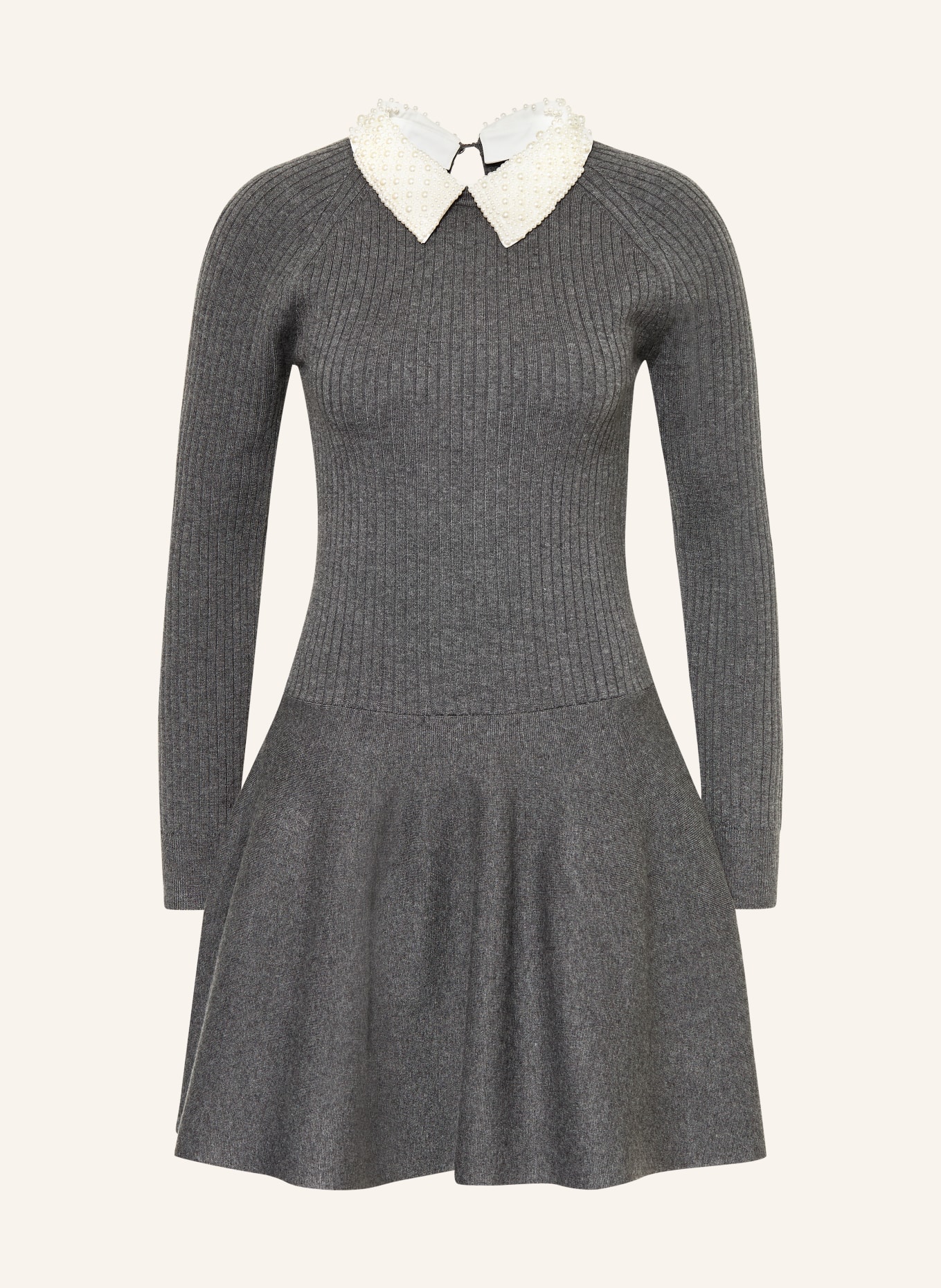 maje Strickkleid mit abnehmbarem Kragen und Schmuckperlen: GRAU / WEISS