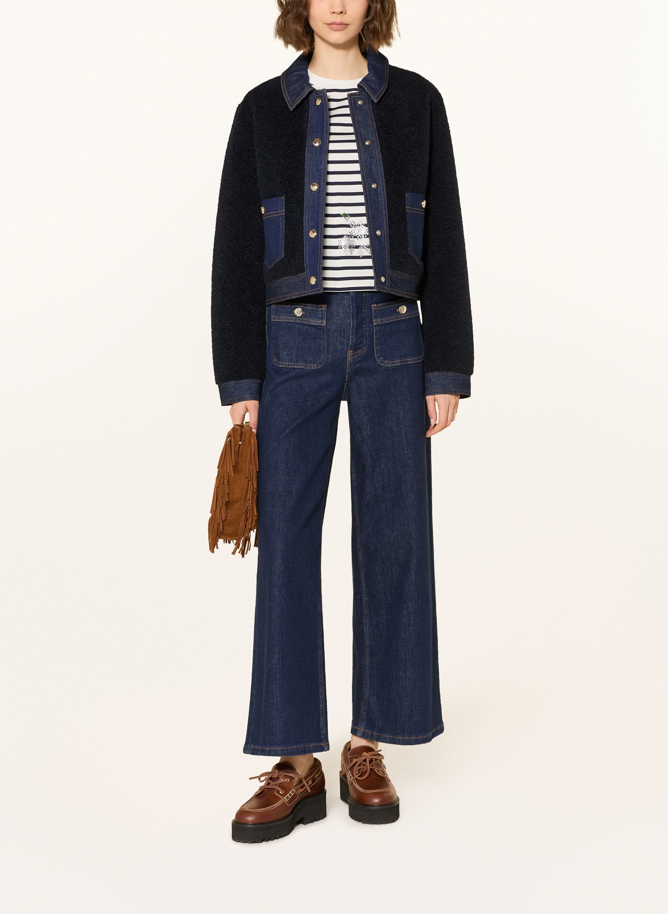 maje Kunstfell-Jacke im Materialmix: DUNKELBLAU