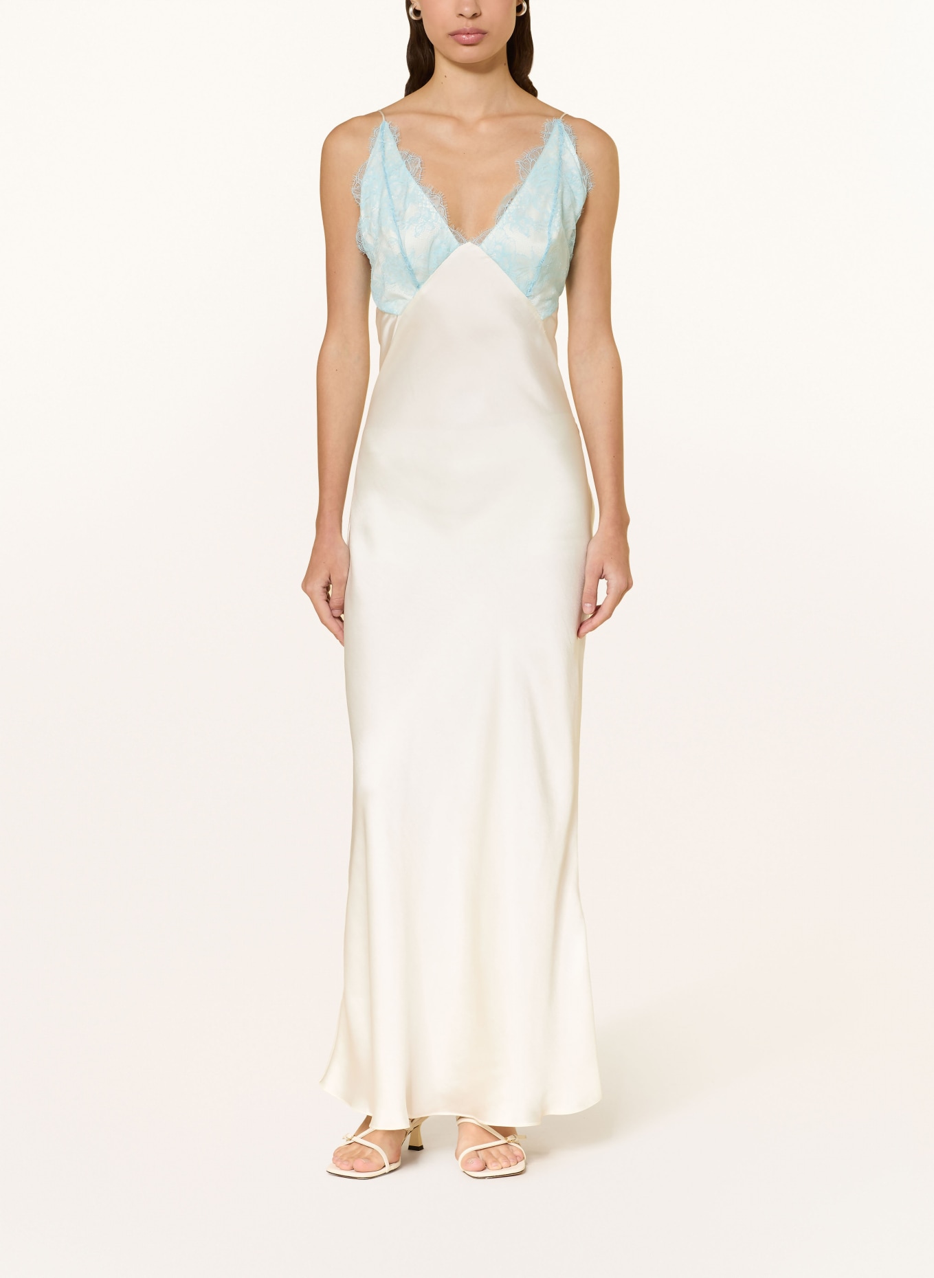 SANDRO Satinkleid mit Spitze: ECRU / HELLBLAU