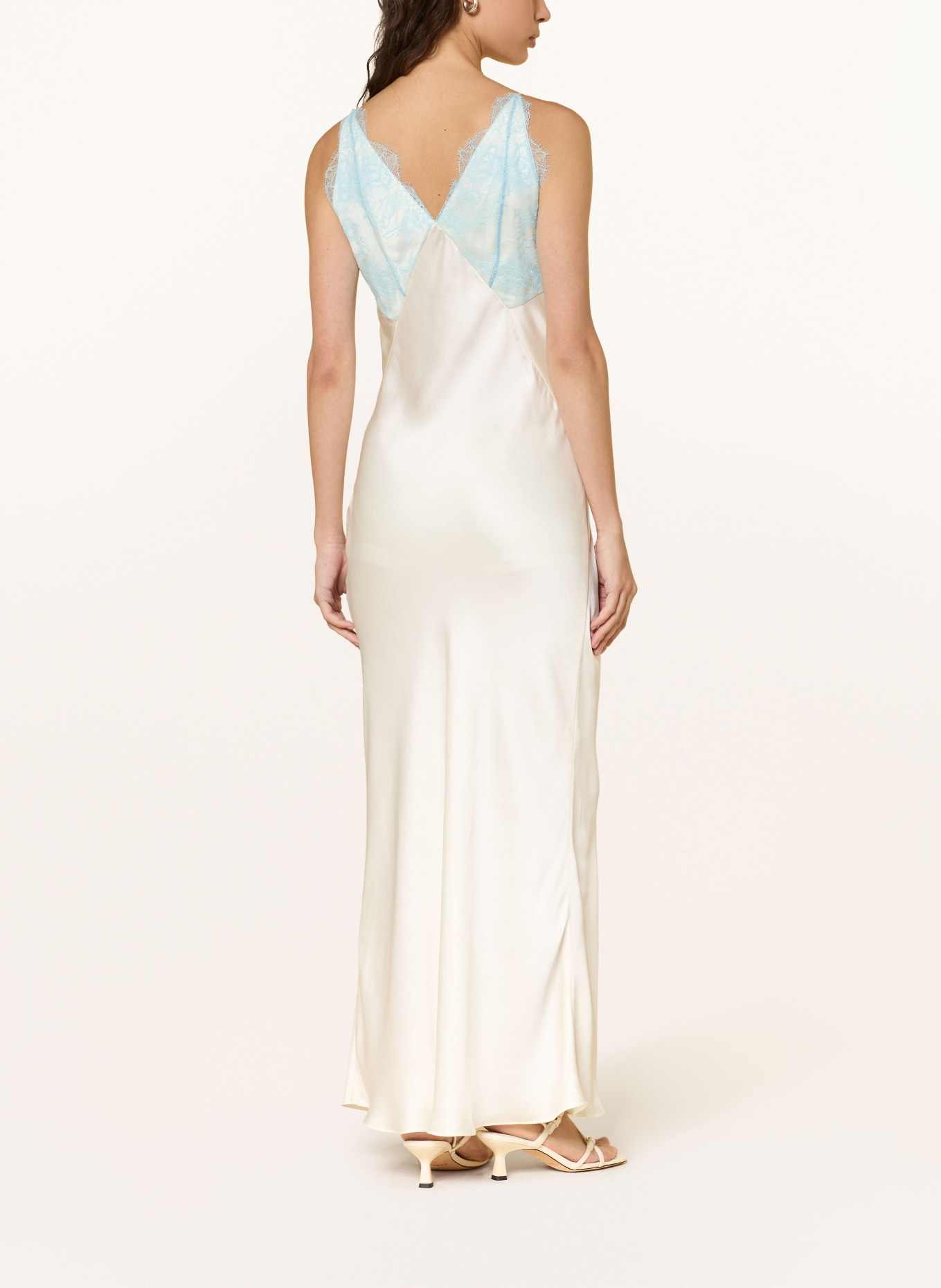 SANDRO Satinkleid mit Spitze: ECRU / HELLBLAU