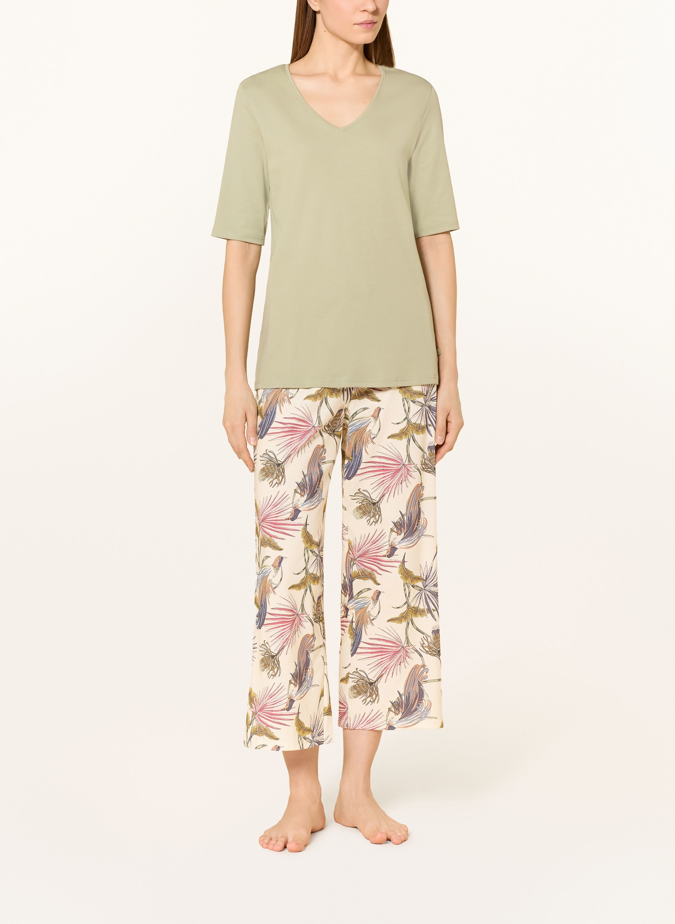 CALIDA 7/8 spací kalhoty: KRÉMOVÁ / TMAVĚ ČERVENÁ / TMAVĚ ZELENÁ