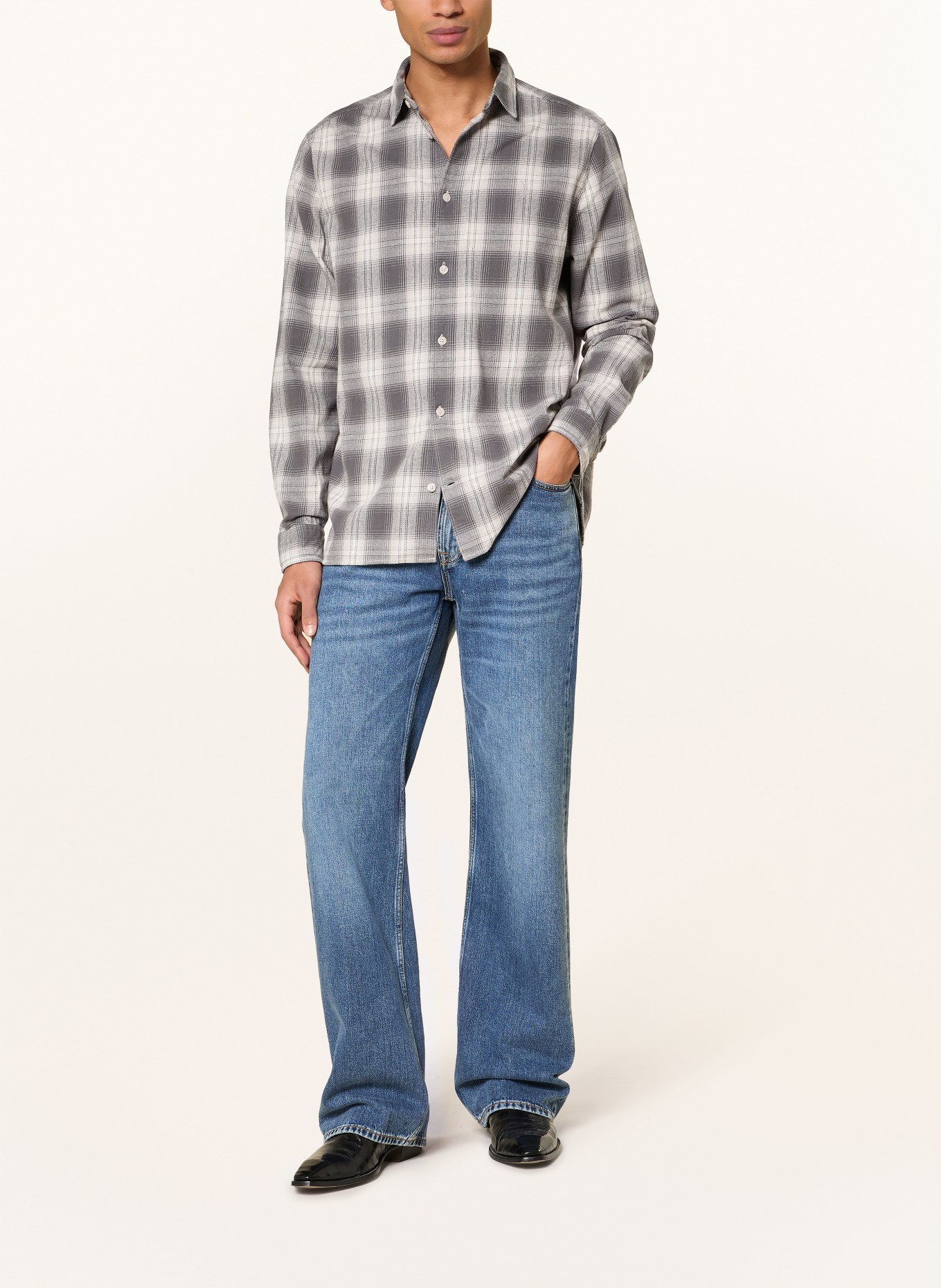 ALLSAINTS Flanellhemd KELBY Relaxed Fit: GRAU / ECRU / HELLGRAU