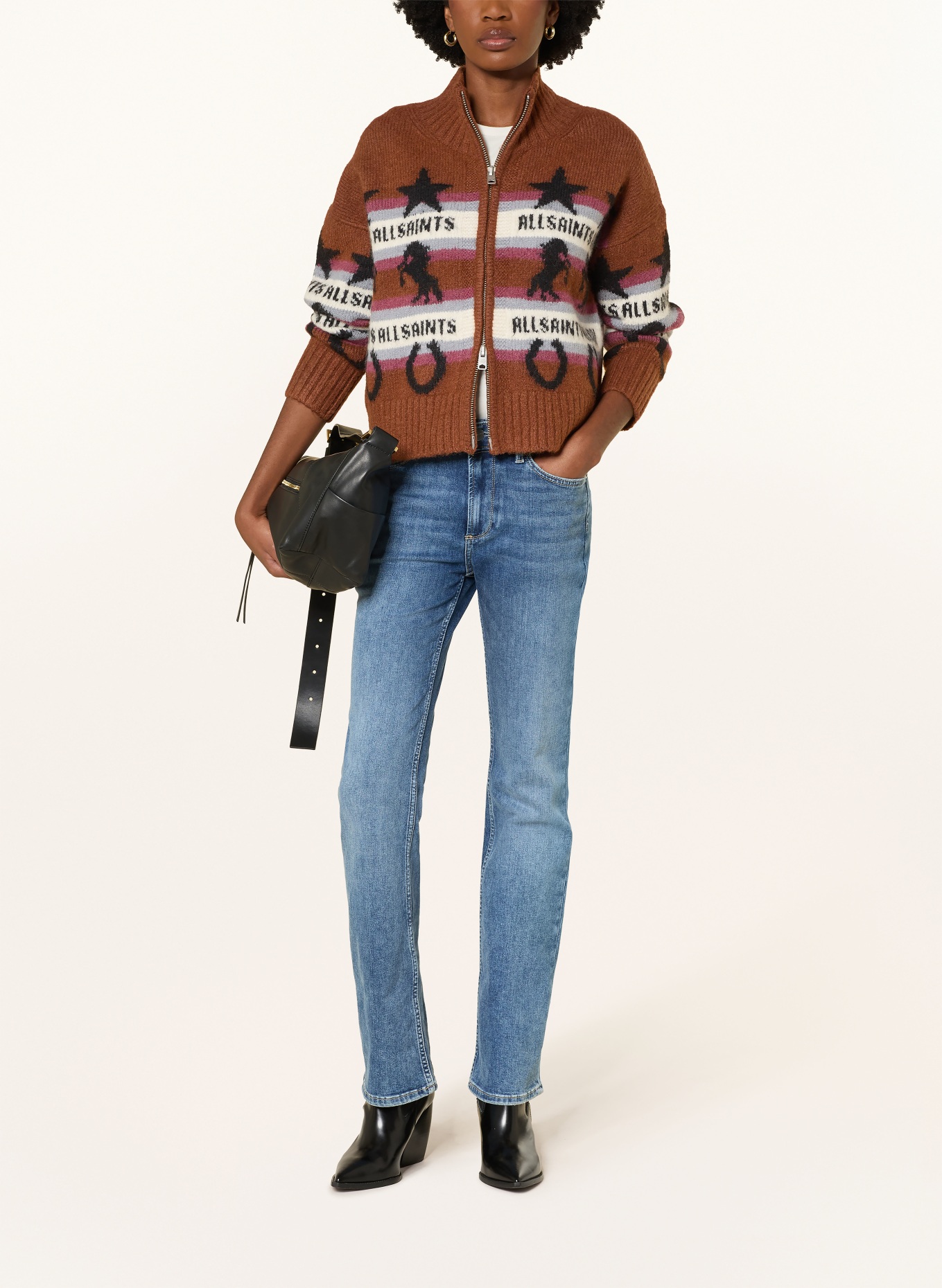 ALLSAINTS Strickjacke EPONA mit Alpaka: BRAUN / PINK / SCHWARZ