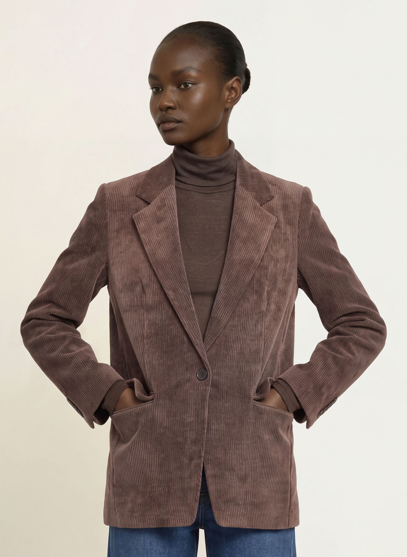 DRYKORN Long blazer GLENDALE in corduroy: DARK BROWN
