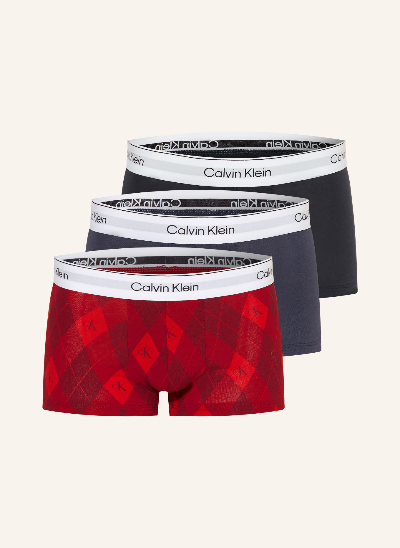 Calvin Klein 3er-Pack Boxershorts Low Rise: DUNKELROT / DUNKELBLAU / SCHWARZ