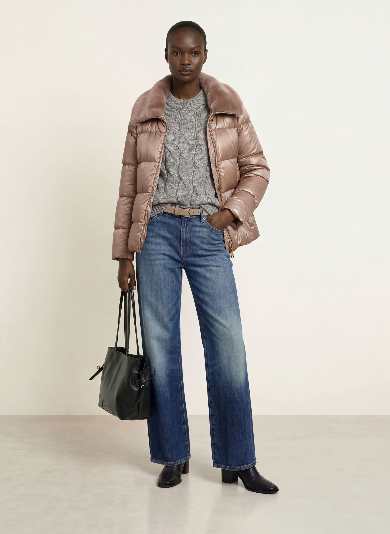 HERNO Down jacket with faux fur: LIGHT BROWN