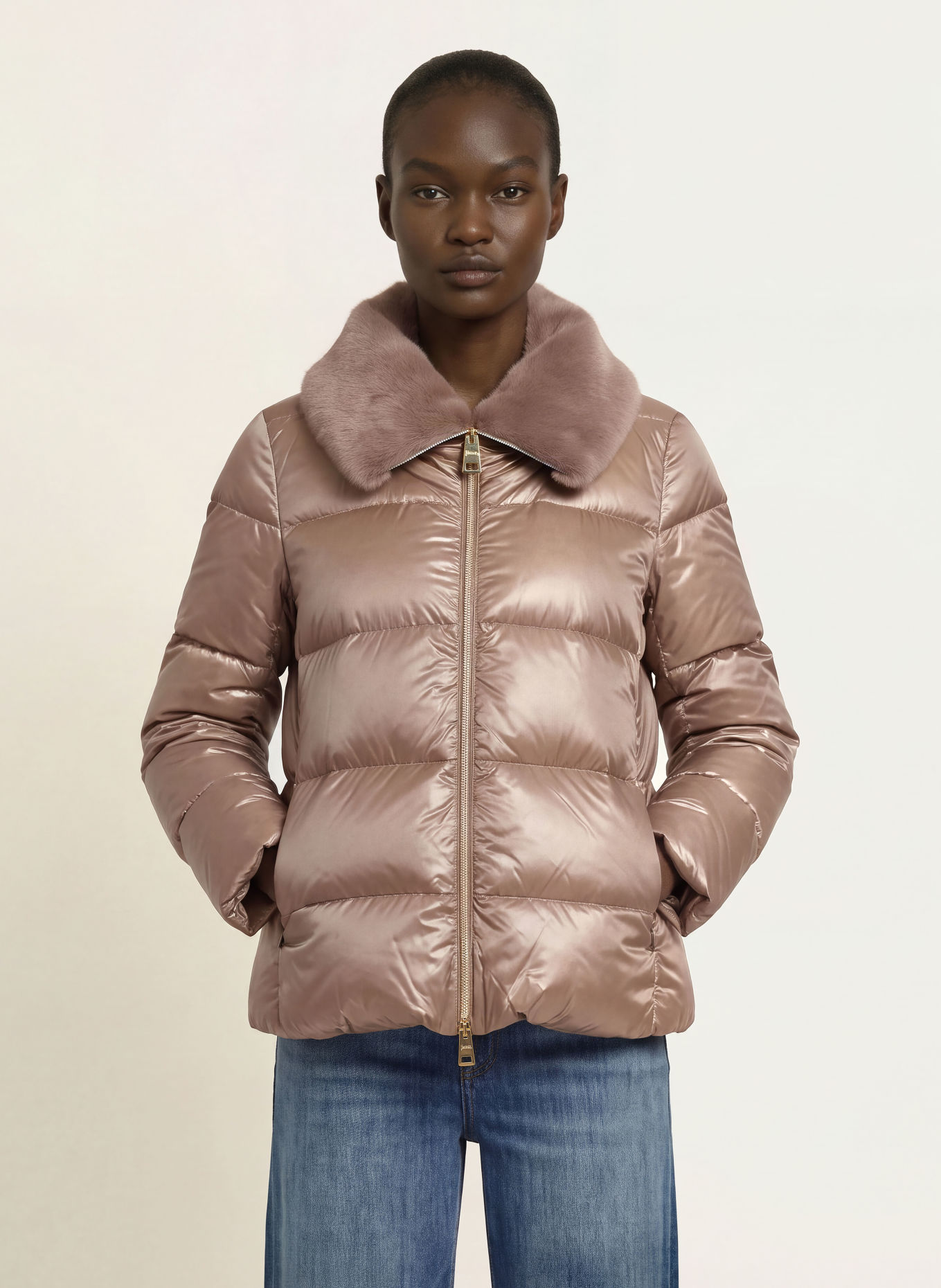 HERNO Down jacket with faux fur: LIGHT BROWN