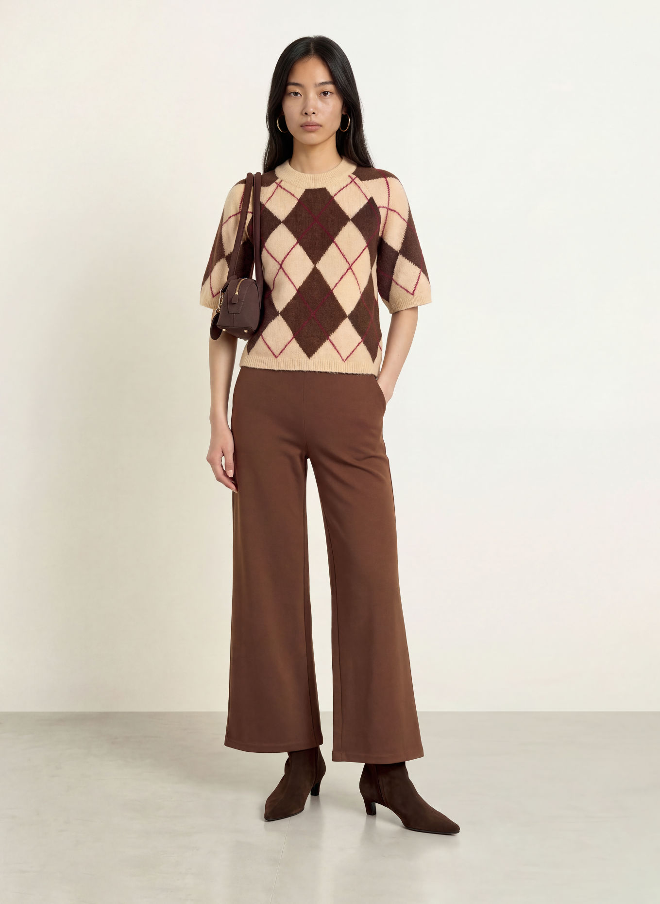 ICHI Wide leg trousers made of jersey: DARK BROWN