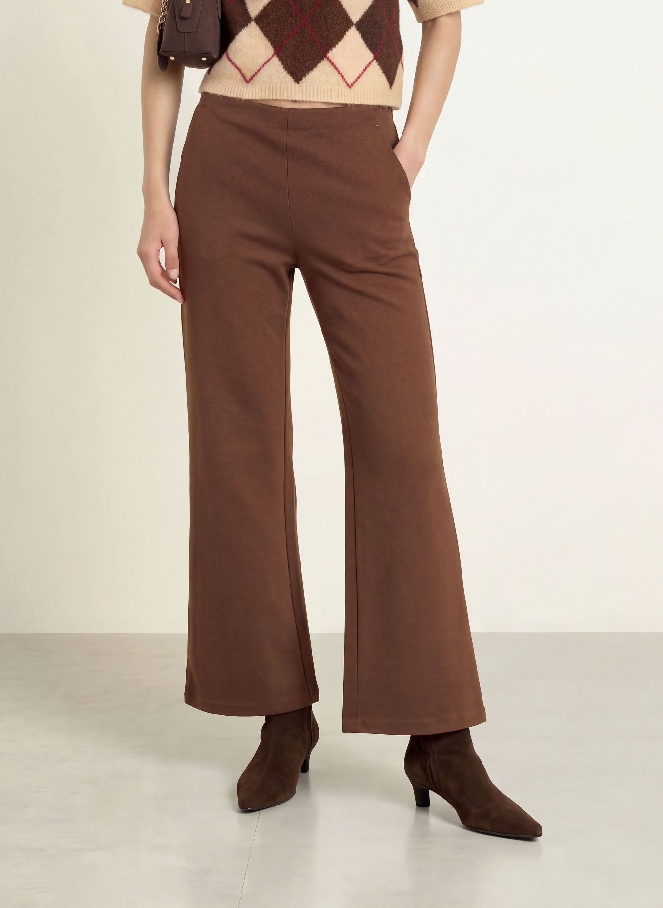 ICHI Wide leg trousers made of jersey: DARK BROWN