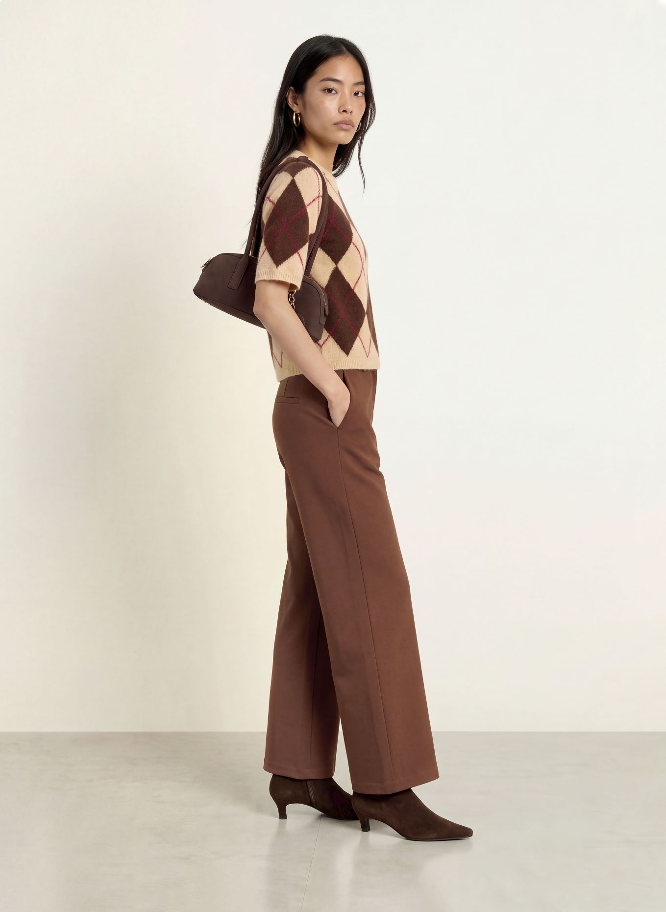 ICHI Wide leg trousers made of jersey: DARK BROWN