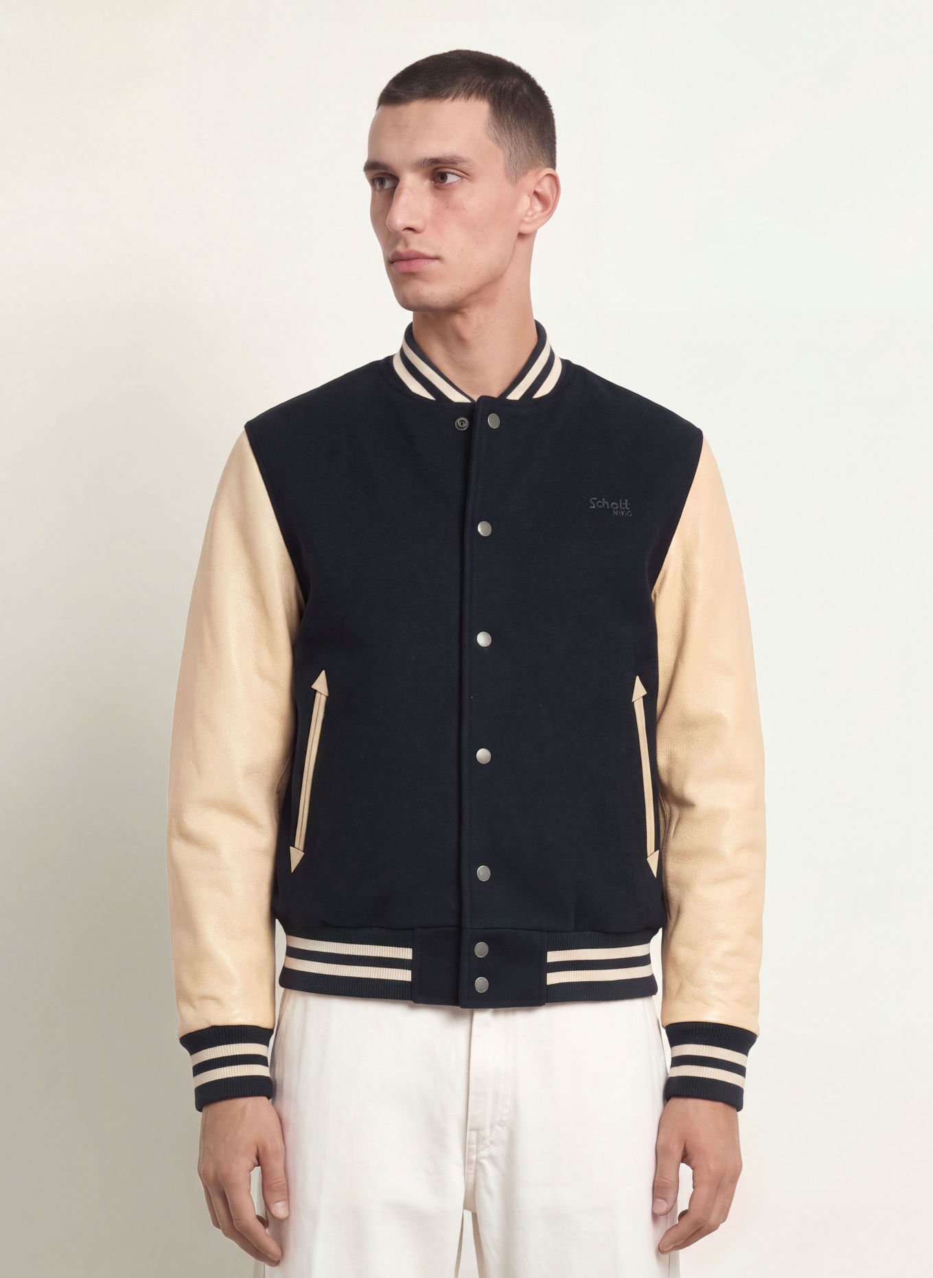 Schott NYC collegejakke: MØRKEBLÅ / BEIGE / SORT