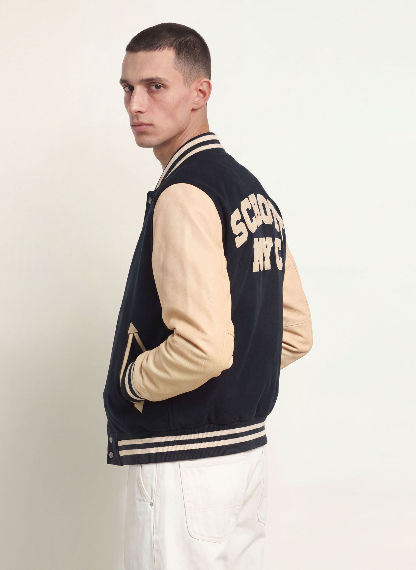 Schott NYC collegejakke: MØRKEBLÅ / BEIGE / SORT