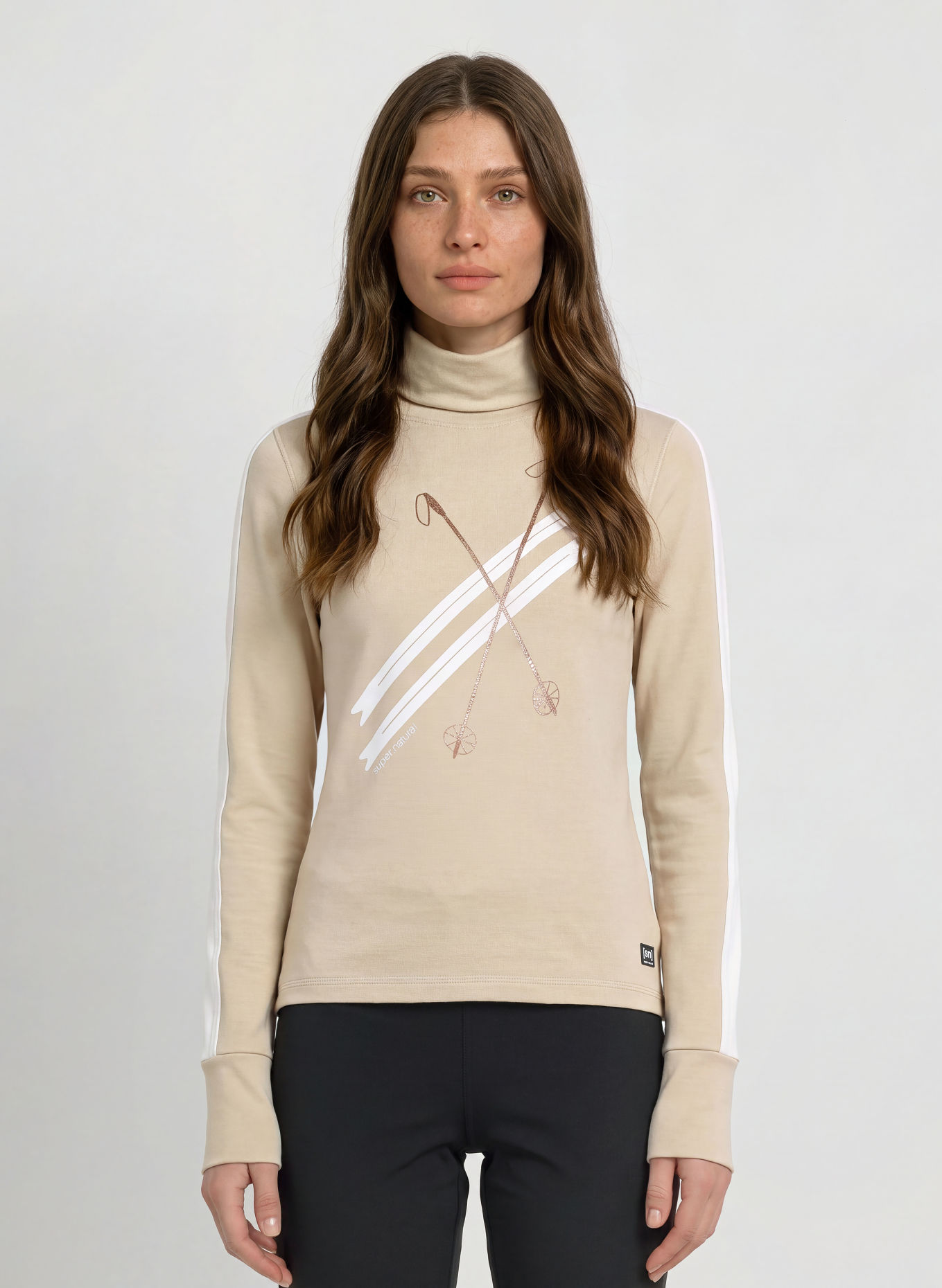 super.natural Svetr KRYSSEDE SKI ROLL NECK: BÍLÁ / BARVA RŮŽOVÉHO ZLATA / BÉŽOVÁ