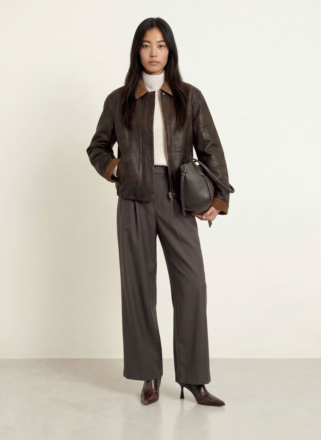 Y.A.S. Blouson en cuir: MARRON FONCÉ / MARRON