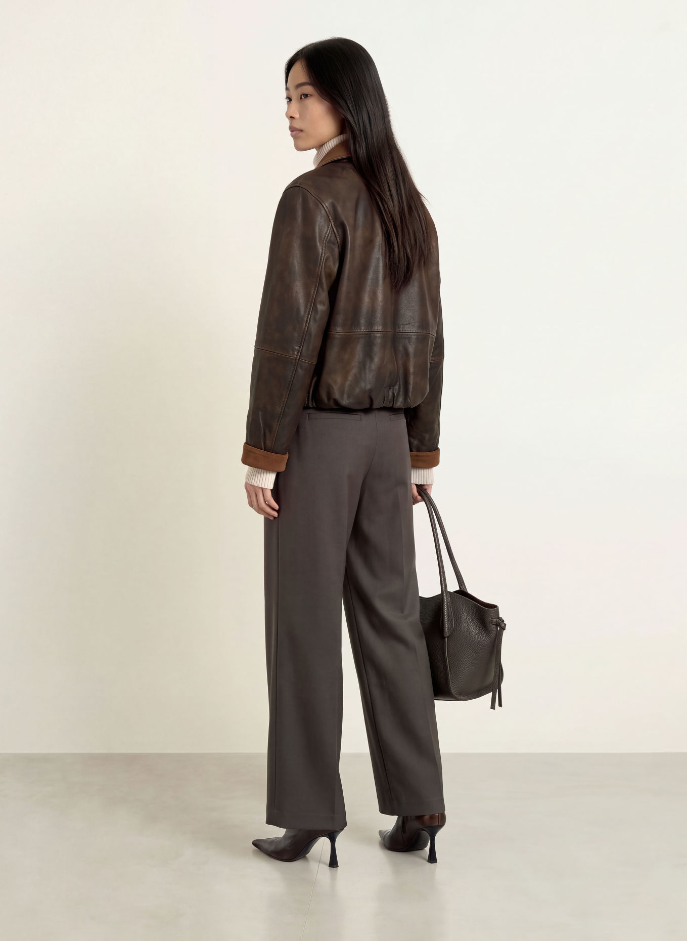 Y.A.S. Blouson en cuir: MARRON FONCÉ / MARRON