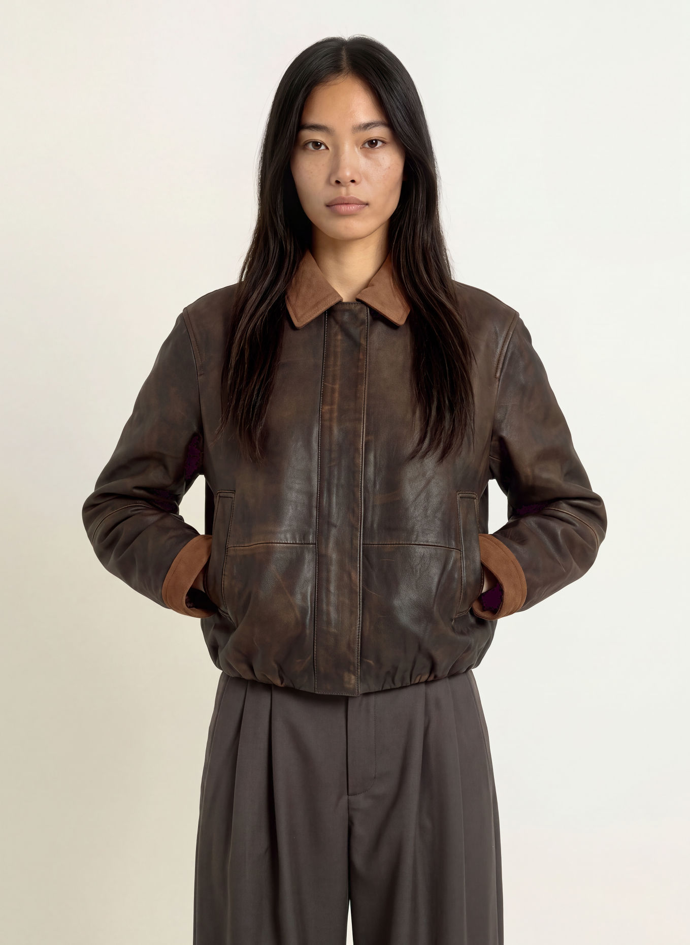 Y.A.S. Blouson en cuir: MARRON FONCÉ / MARRON