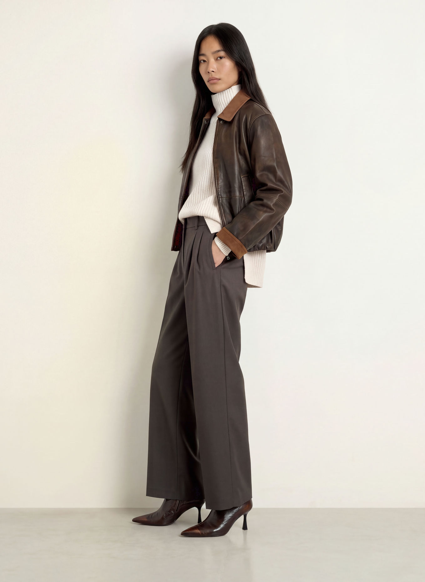 Y.A.S. Blouson en cuir: MARRON FONCÉ / MARRON