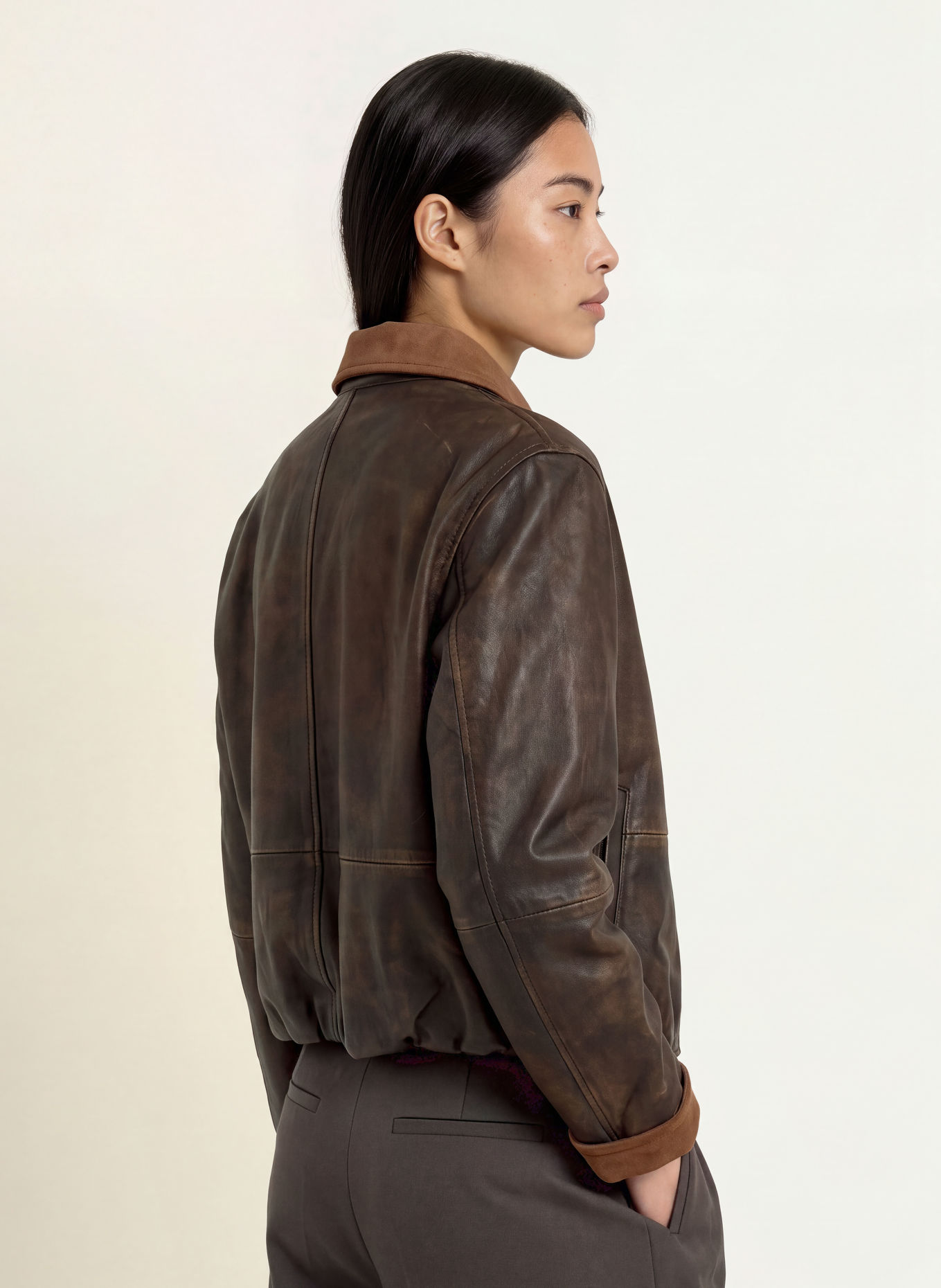 Y.A.S. Blouson en cuir: MARRON FONCÉ / MARRON