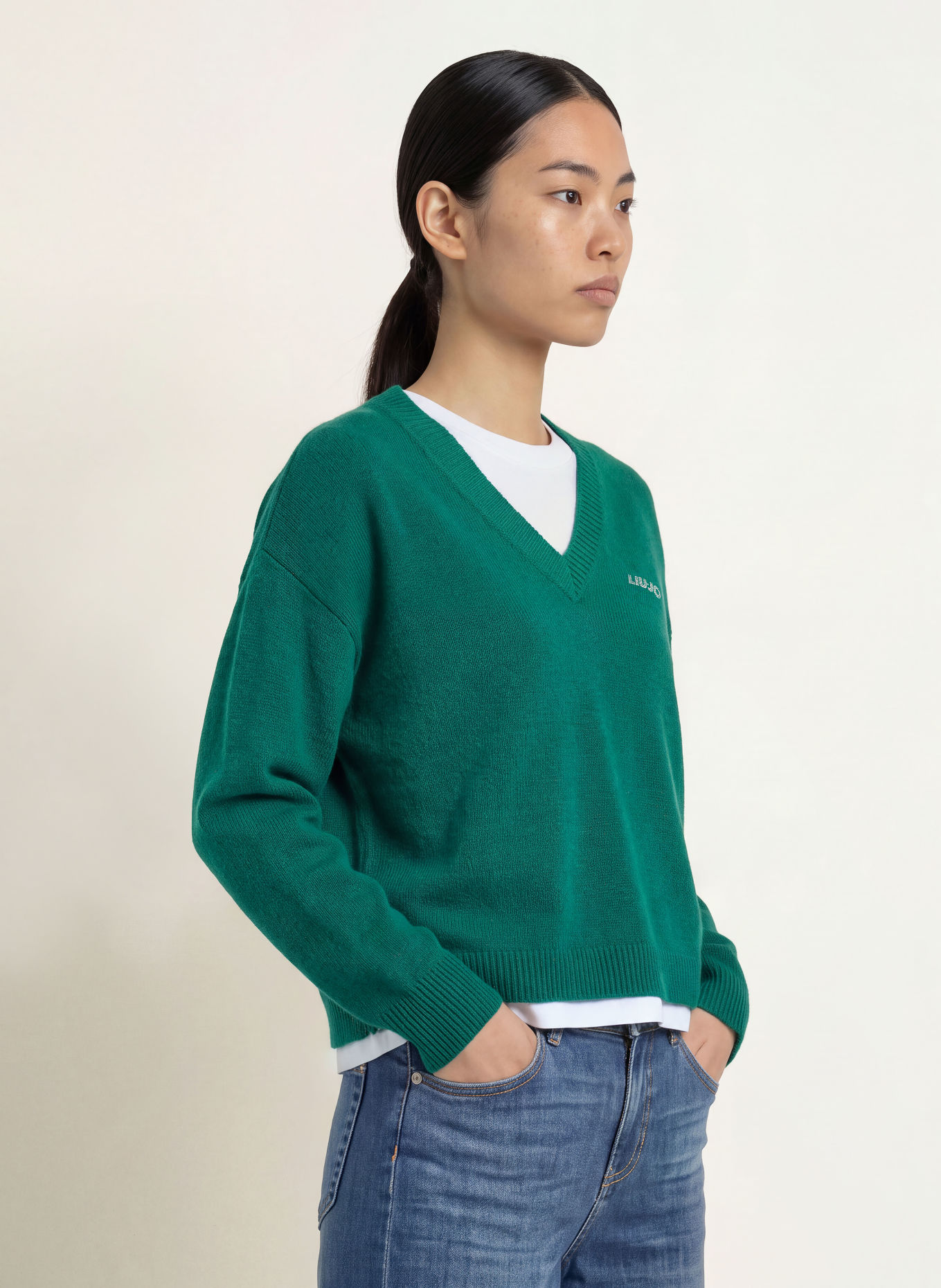 LIU JO Sweaters in a mix of materials: DARK GREEN / WHITE