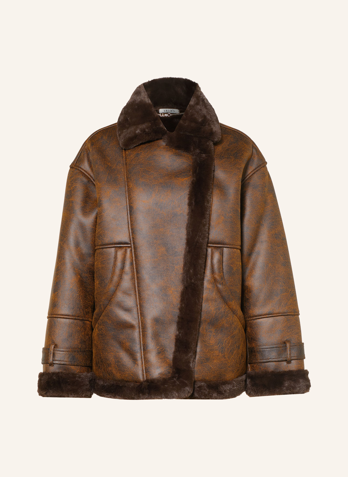 LIU JO Leather-look jacket with faux fur: DARK BROWN