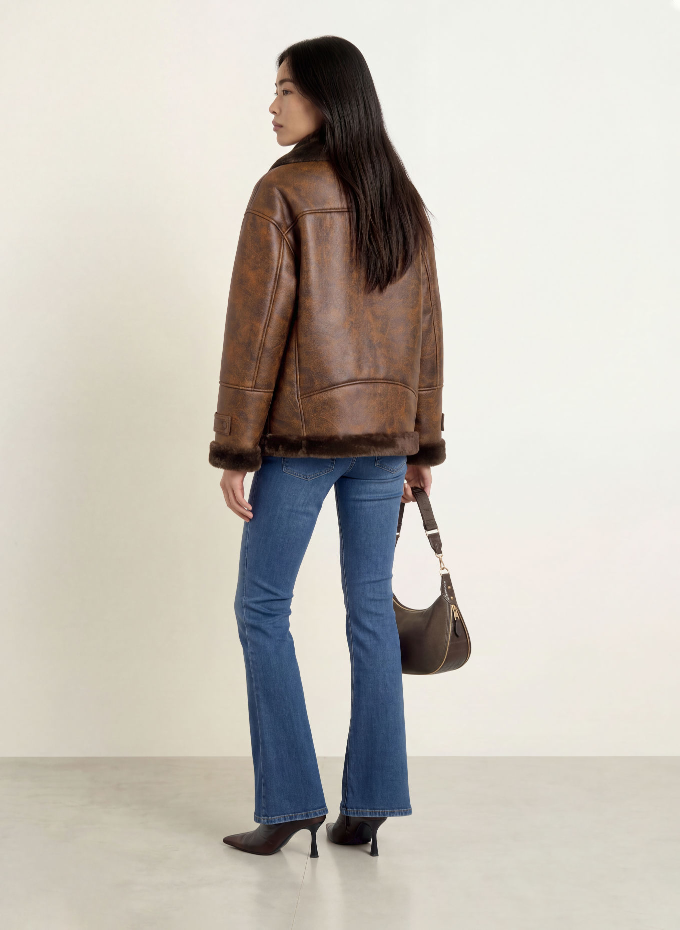 LIU JO Leather-look jacket with faux fur: DARK BROWN