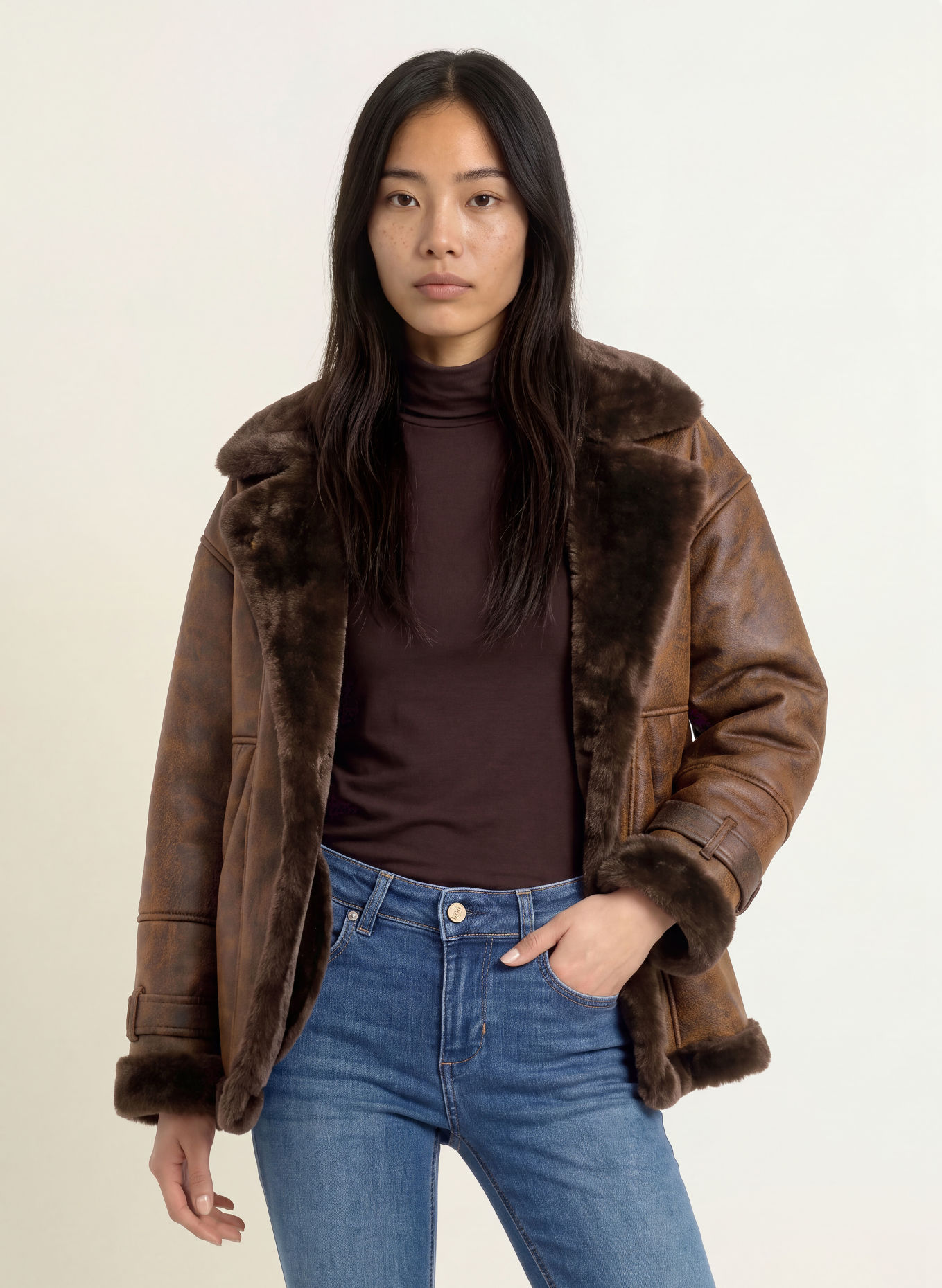 LIU JO Leather-look jacket with faux fur: DARK BROWN