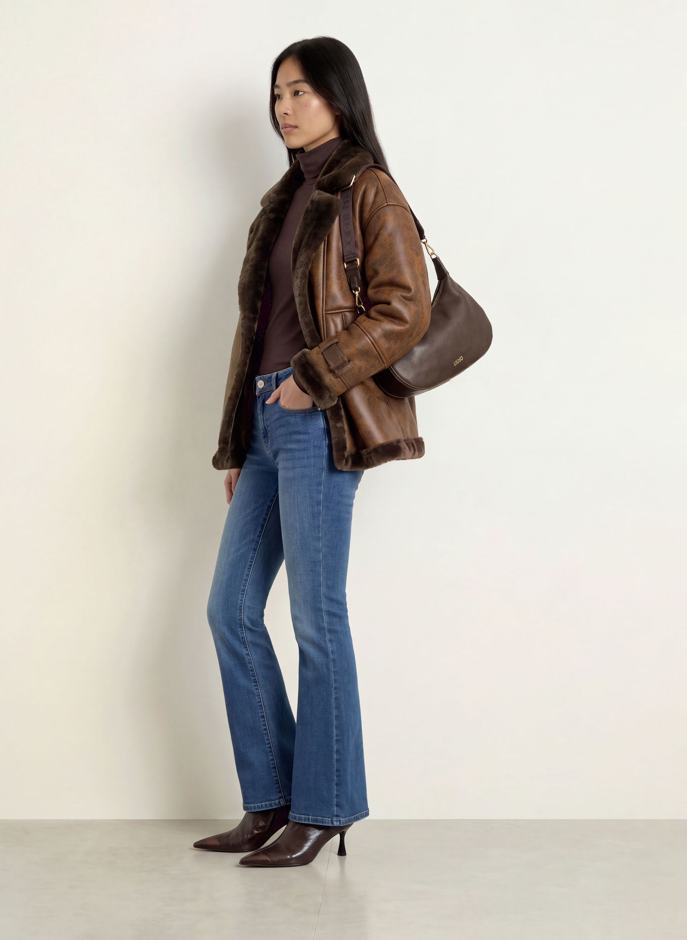 LIU JO Leather-look jacket with faux fur: DARK BROWN