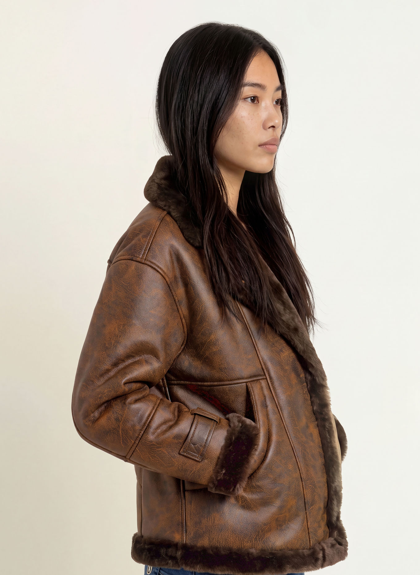 LIU JO Leather-look jacket with faux fur: DARK BROWN