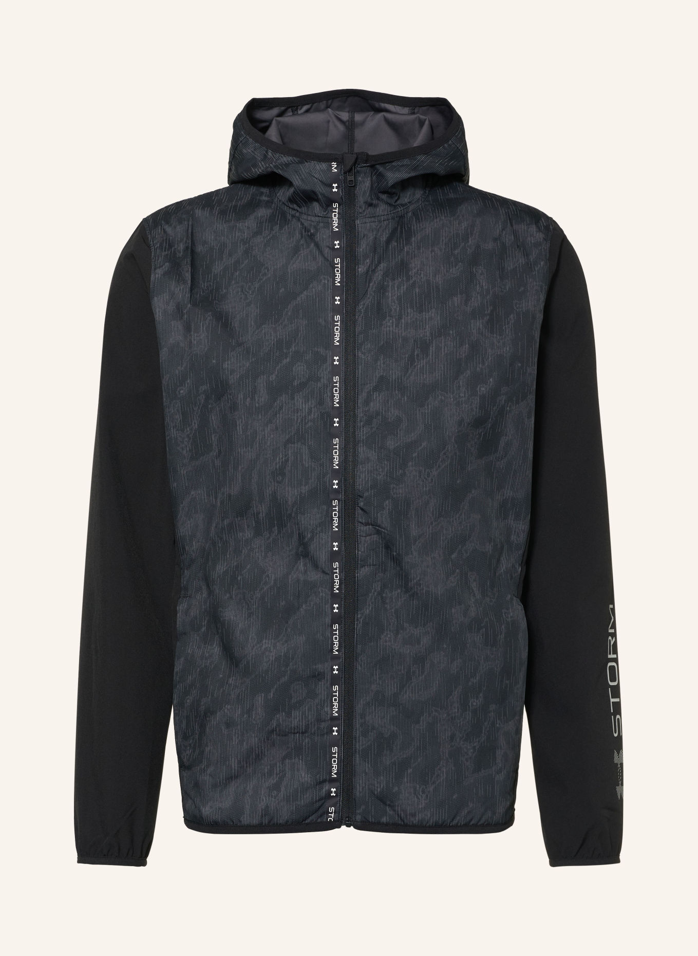 UNDER ARMOUR Běžecká bunda UA VELOCITI COLD WEATHER STORM: ČERNÁ / ŠEDÁ / BÍLÁ